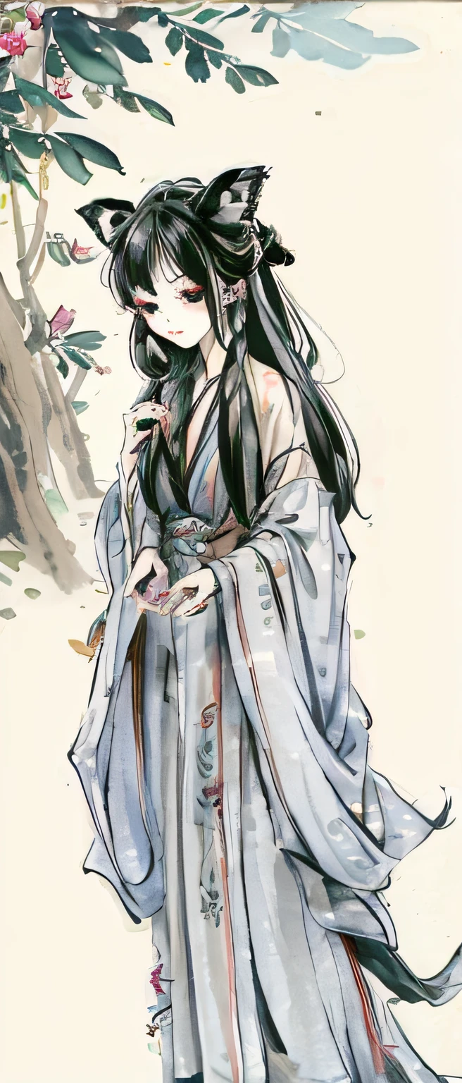 ((4k,masterpiece,best quality)), shuimobysim, Chinese painting, lotus, Hanfu, maxikit, conservatively dressed 1 boy, solo, white hair, fox ears, white, fish, there are many fish near the boy, look at the audience, tease oneeshota ,