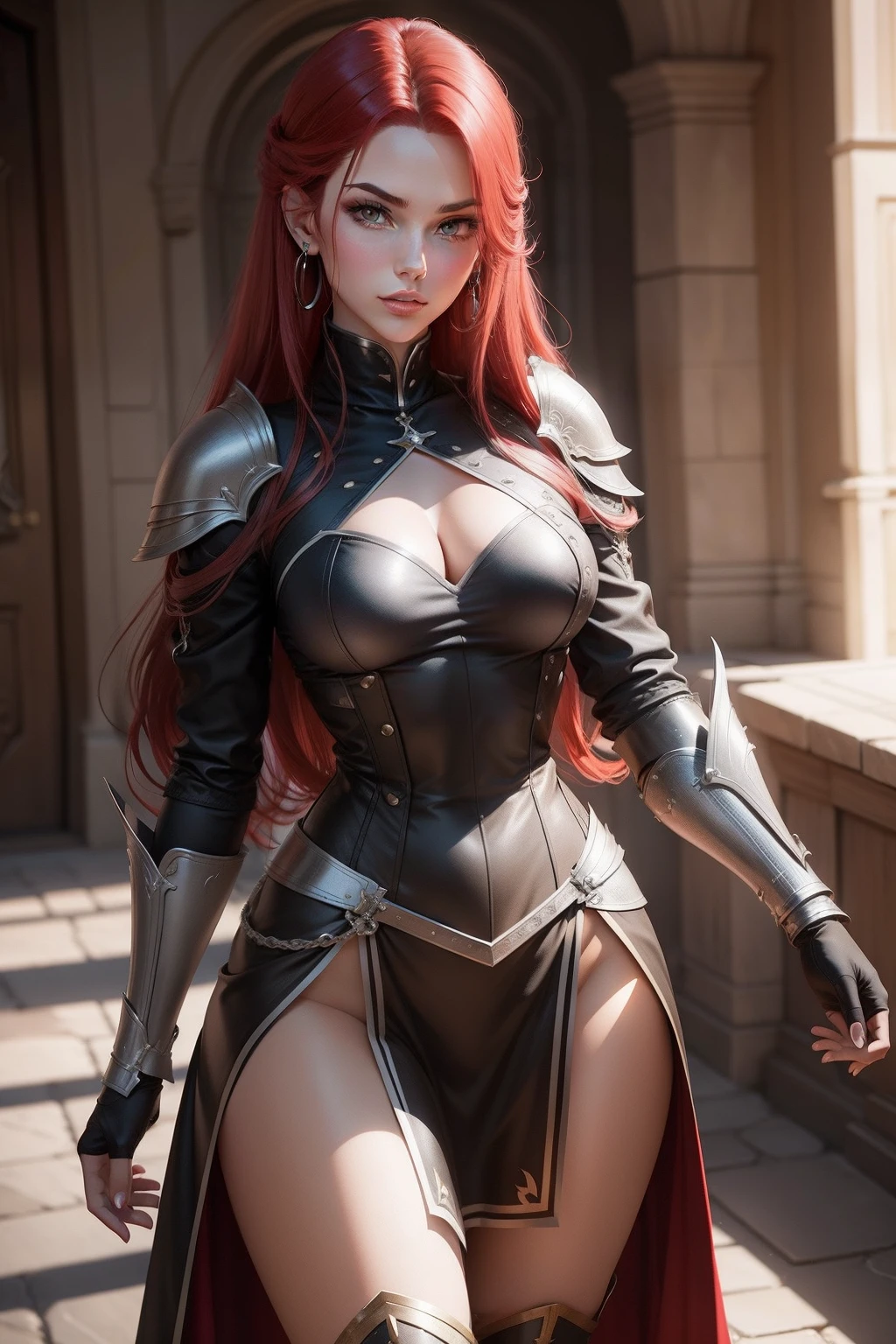 Erza Scarlet is one of the main characters in the series. The young woman with scarlet hair and brown eyes is described as an incredible woman, very strict and who does not admit when others make mistakes. She is a slender, elegant figure with well-designed curves. Her most common attire consists of custom-made armor, a blue skirt, black boots and diamond-shaped earrings, in high resolution, detailed, HD quality.