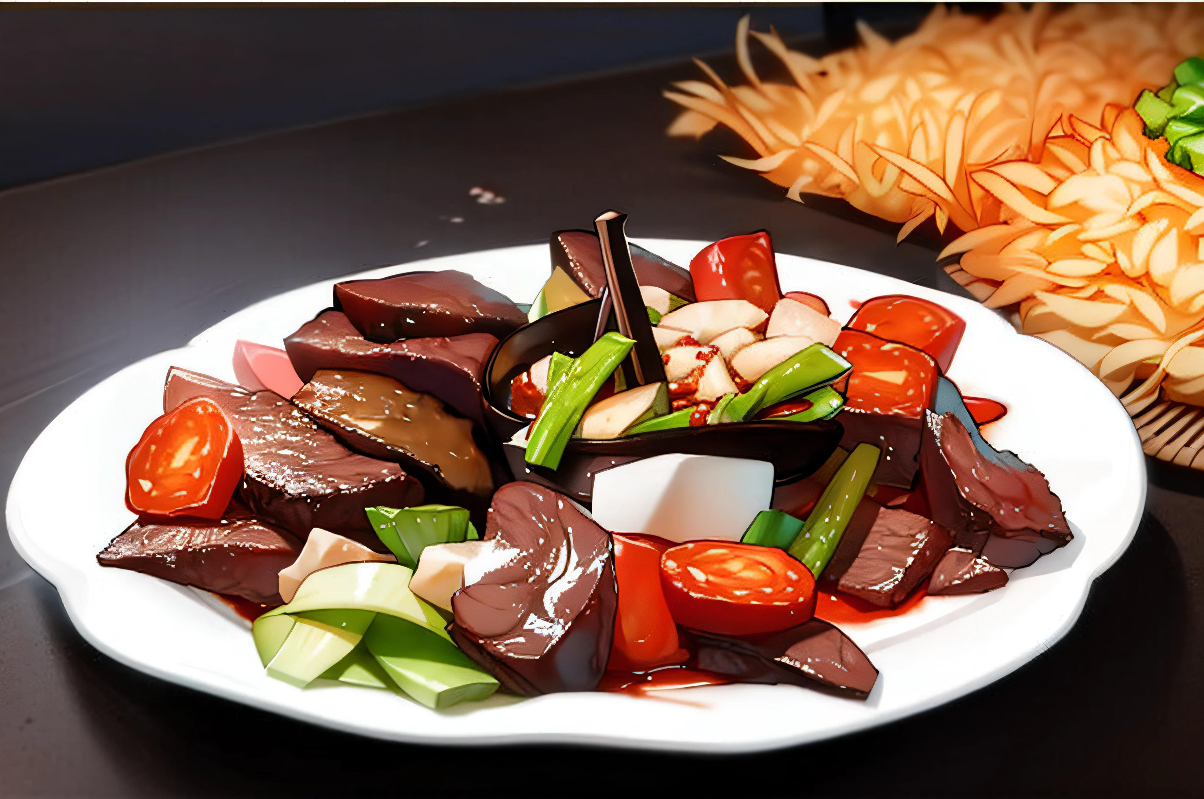 There was a plate of fried lamb liver,Vegetables on top, in style of pan ren wei, sichuan, delicacy, A plate of lamb liver and a bowl of sauce, cooked food,Dip sauce, sichuan, luscious with sesame seeds, Sauce, delicacy