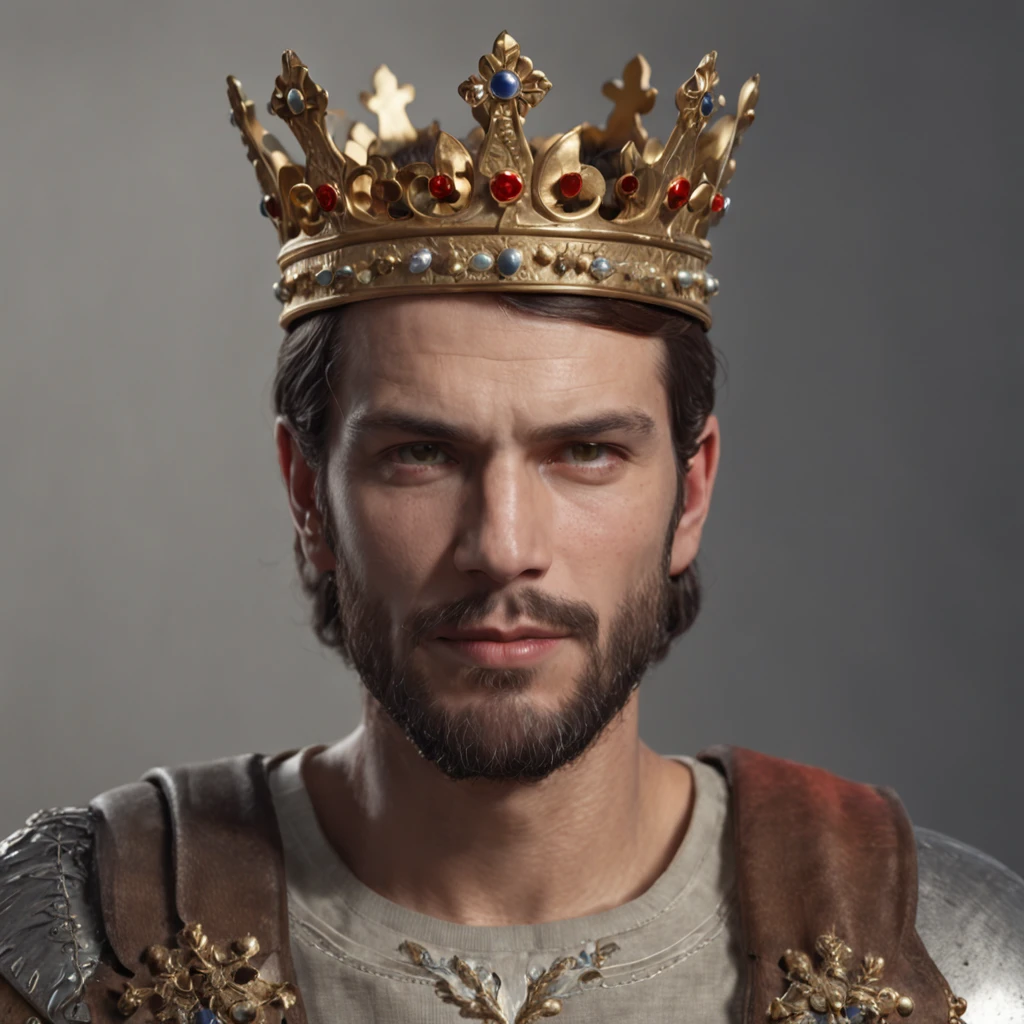 "A man with a crown on his head and a sword in his hand, em um ambiente majestoso e iluminado, in a sophisticated and detailed artistic style."