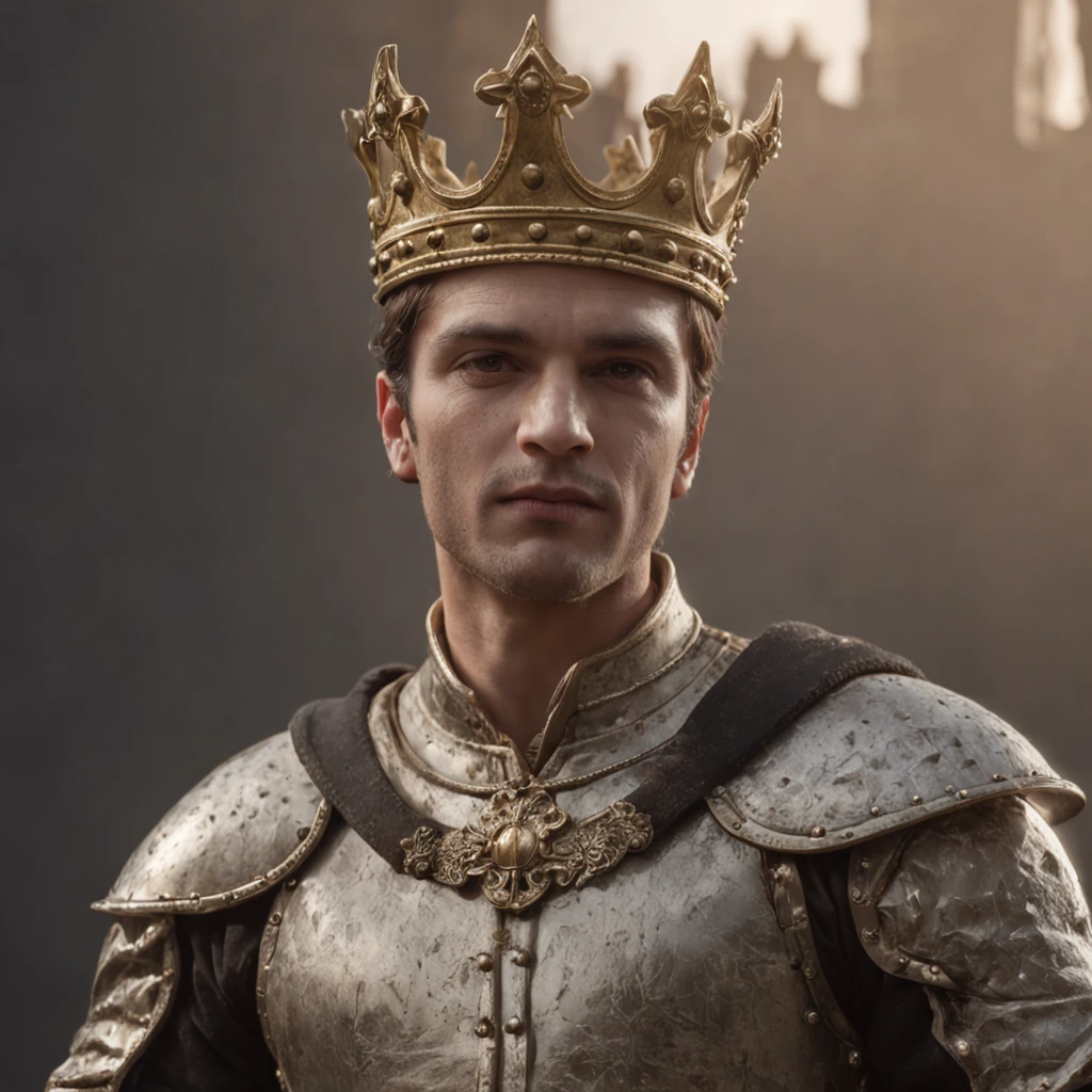 "A man with a crown on his head and a sword in his hand, em um ambiente majestoso e iluminado, in a sophisticated and detailed artistic style."