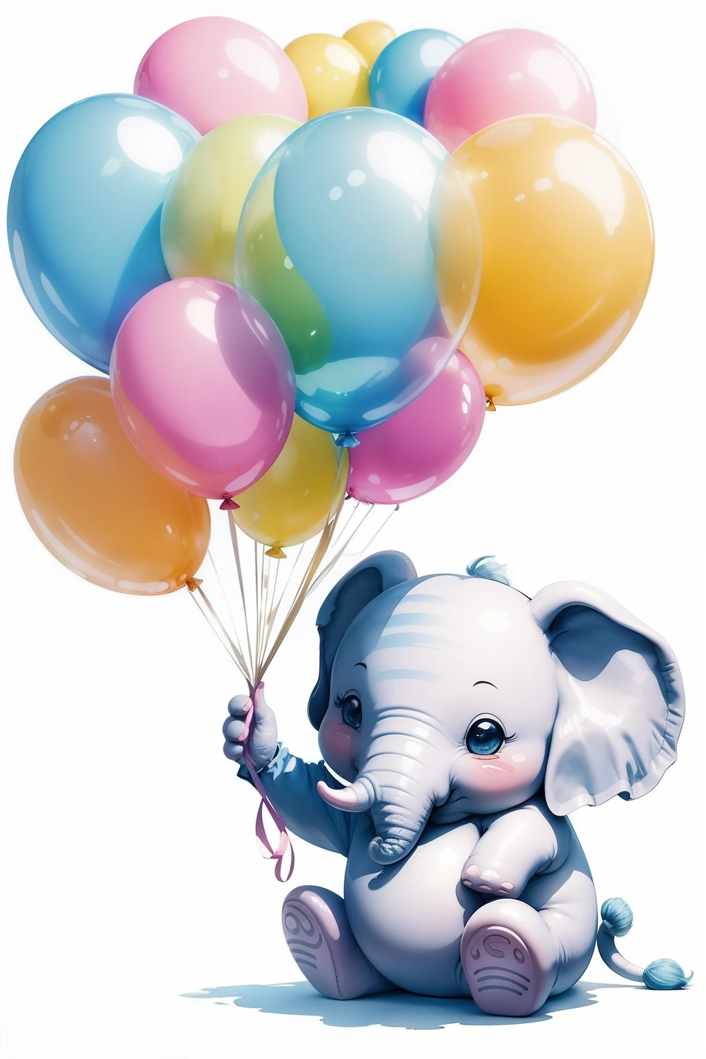 Design an enchanting 2D watercolor cartoon clipart featuring a lovable baby elephant holding a few oversized, cartoonishly vibrant balloons. Place this delightful scene on a pristine white background without any shadows. The 2D watercolor style should bring out the elephant's charm and the cheerful character of the balloons.