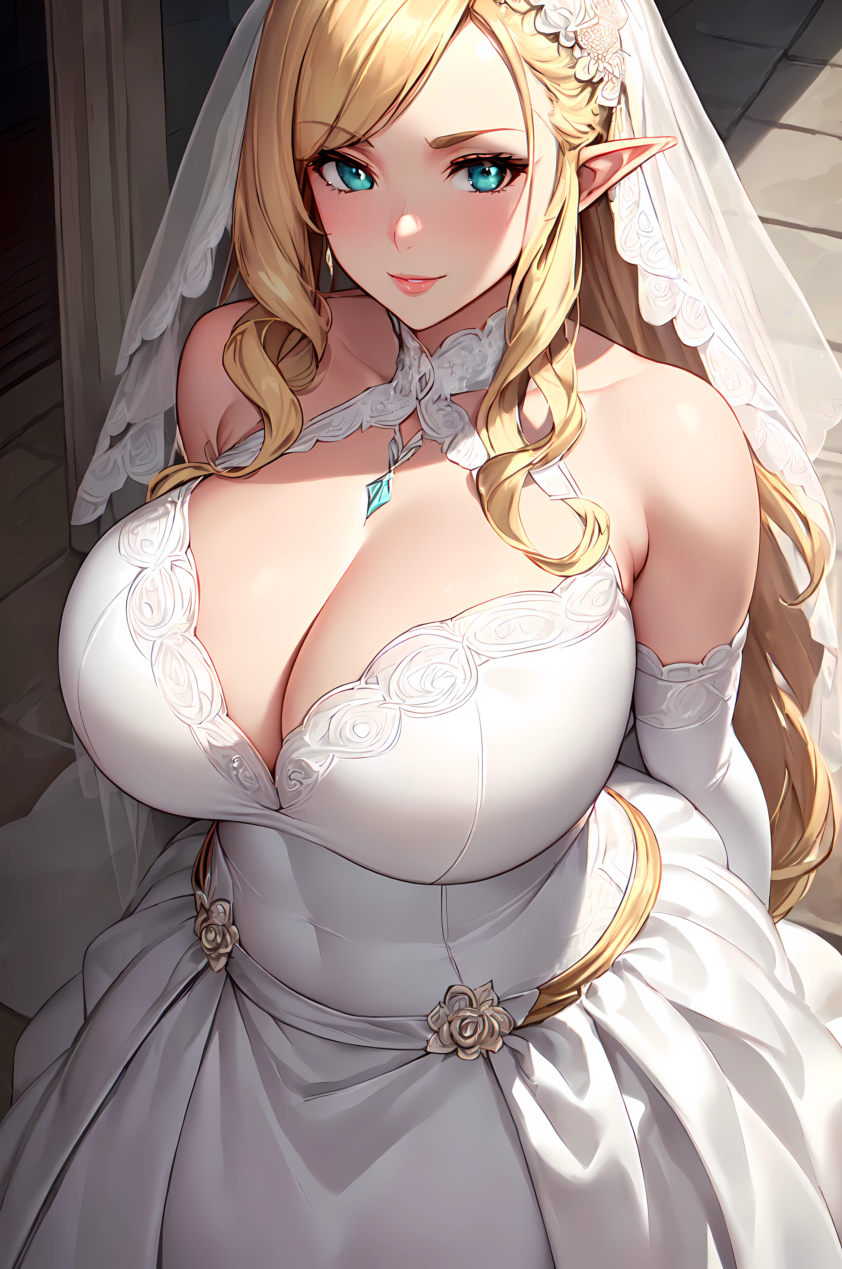 (Best Quality,Unparalleled Masterpiece:1.4),Ultra-Detailed CG 4K,(Ultra-Detailed Clear Absurdly-Vivid Mint Big Eyes:1.2),Gorgeous Round Detailed Face(Voluptuous:1.4)Elf(Gigantic Breasts:1.8)(Voluminous Long Blonde Hair: 1.4),ADULT(Bangs, Sidelocks:1.2)Seductive(intricately detailed wedding dress:1.3)(Zelda)(Celestine Lucullus: 1.2)(Solo:1.4)(1Girl: 0.5)(Facing Viewer:1.2)(arms behind back:1.2)(Cowboy Shot:1.2)(from above:1.1),Skindentation(Curvaceous:1.4)(Curvy:1.4)(Bimbo: 1.4)(Normal Waist: 1.2)(Thick Lips: 1.3)small-nose(light smile: 1.2)(Wedding veil)(Wedding outside:1.4)forest