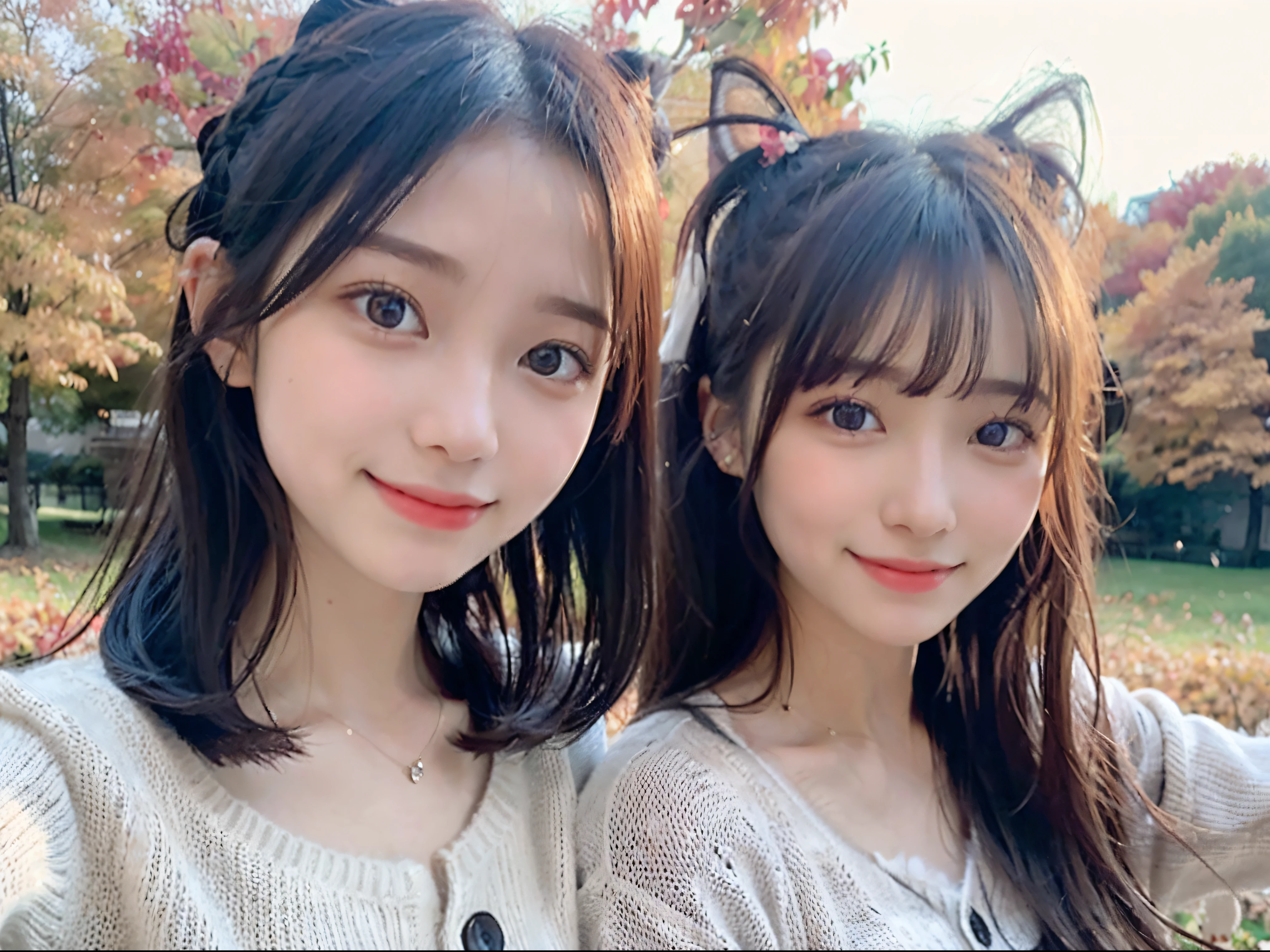 (Close up portrait of one girl with slender small breasts with twin-tailed hair in colorful autumn shirt and sweater:1.5)、(Girl standing on edge of screen smiling with open arms:1.3)、(Beautiful autumn foliage background :1.3)、(Perfect Anatomy:1.3)、(complete hands:1.3)、(complete fingers:1.3)、Photorealsitic、Raw photography、masutepiece、top-quality、hight resolution、delicate and pretty、face perfect、Beautiful detailed eyes、Fair skin、Real Human Skin、pores、((thin legs))、(Dark hair)