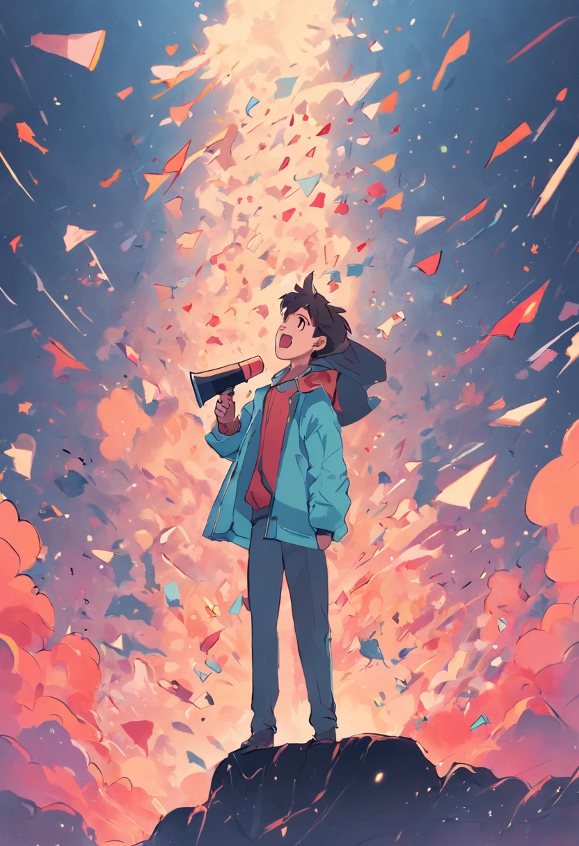 Trace-style vector illustration of an influencer or entrepreneur holding a megaphone and standing on a mountain, with Instagram icons popping up around you.