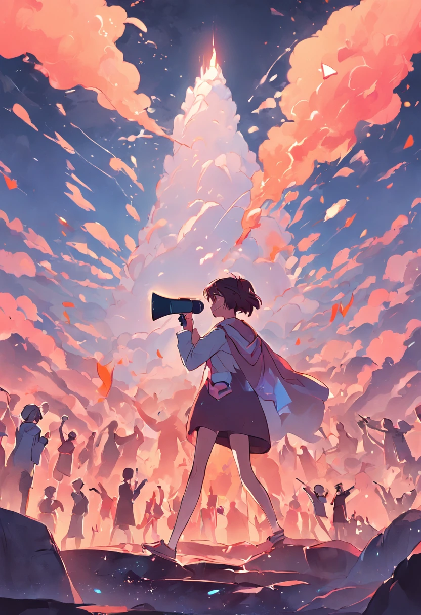 Trace-style vector illustration of an influencer or entrepreneur holding a megaphone and standing on a mountain, with Instagram icons popping up around you.