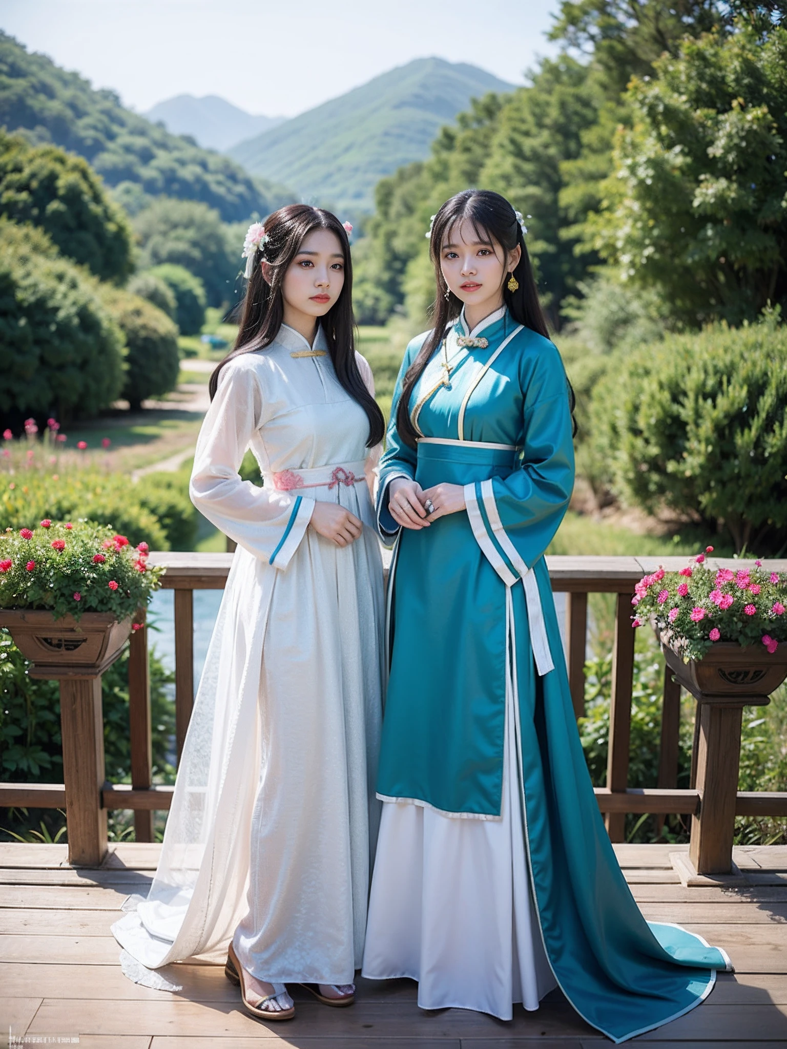 Two Asian women dressed in traditional tulle attire pose for a group photo, Hanfu, Anime cosplay, Anime girl cosplay, , A girl in a transparent Chinese dress, Black and light blue silk garment, Chinese costume, with acient chinese clothes, CLASSICSTYLE, Wearing ancient Chinese clothes, Chinese style, White Hanfu, traditional garb, cosplay foto,Standing on a small bridge,Mountains and flowers in the background