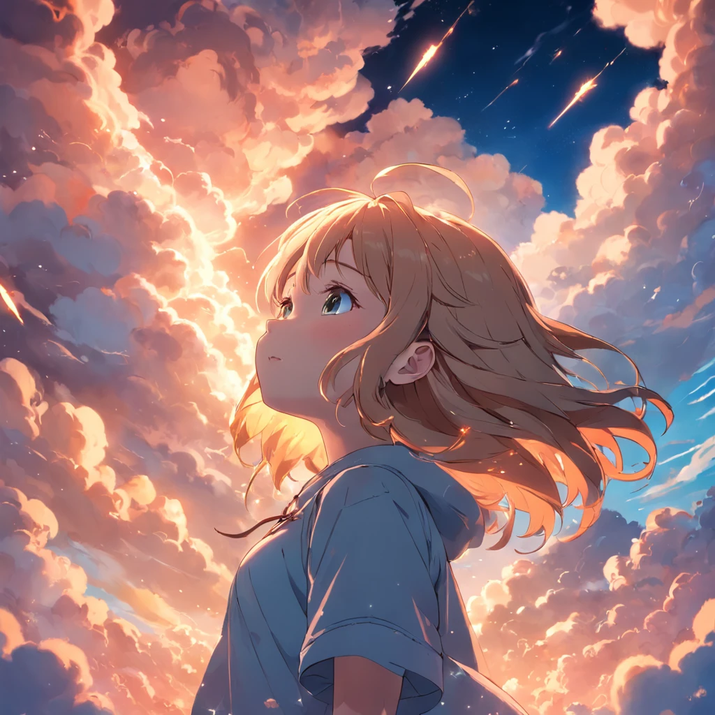 masterpiece, best quality, movie still, 1girl, cloud girl, floating in the sky, close-up, bright, happy, warm soft lighting, sunset, (sparks:0.7)