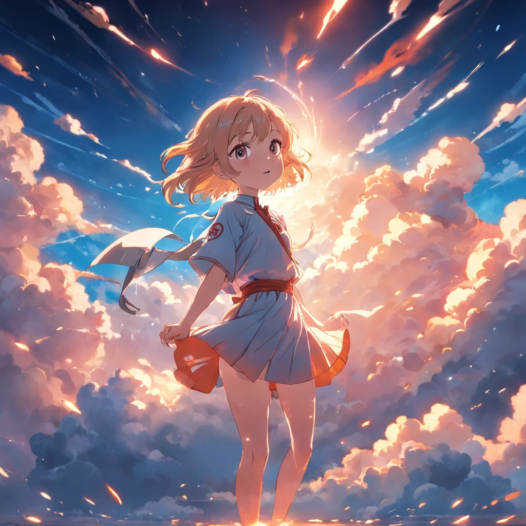 masterpiece, best quality, movie still, 1girl, cloud girl, floating in the sky, close-up, bright, happy, warm soft lighting, sunset, (sparks:0.7)