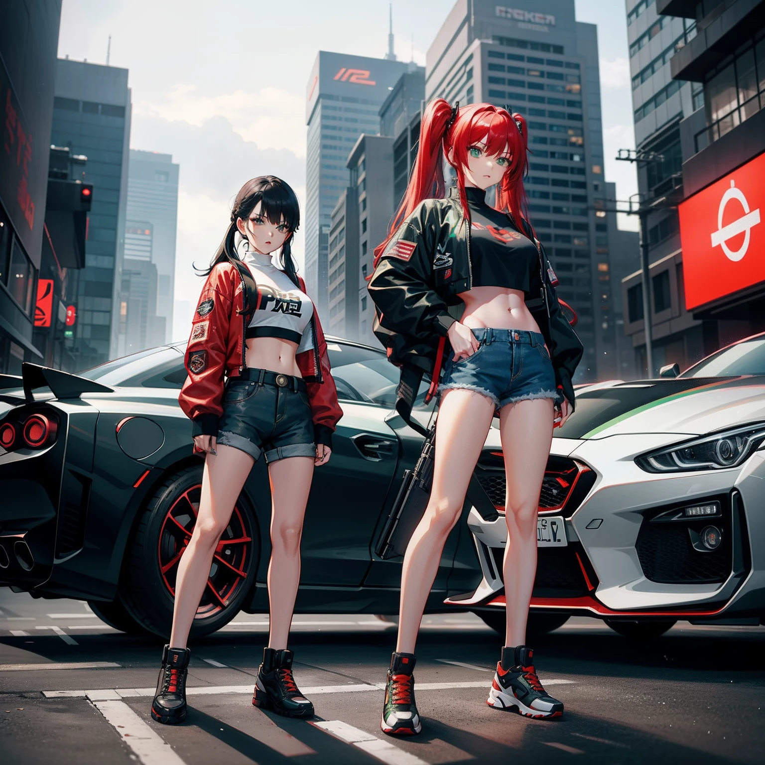 Full body shot, female asian Irina Shidou red hair twintails green eyes, in a cyberpunk city, wearing a bomber jacket and crop top and denim shorts, standing next to a Nissan GT-R, holding a big machine gun, holding a long laser rifle, frontal shot, behind shot, masterpiece, highly detailed