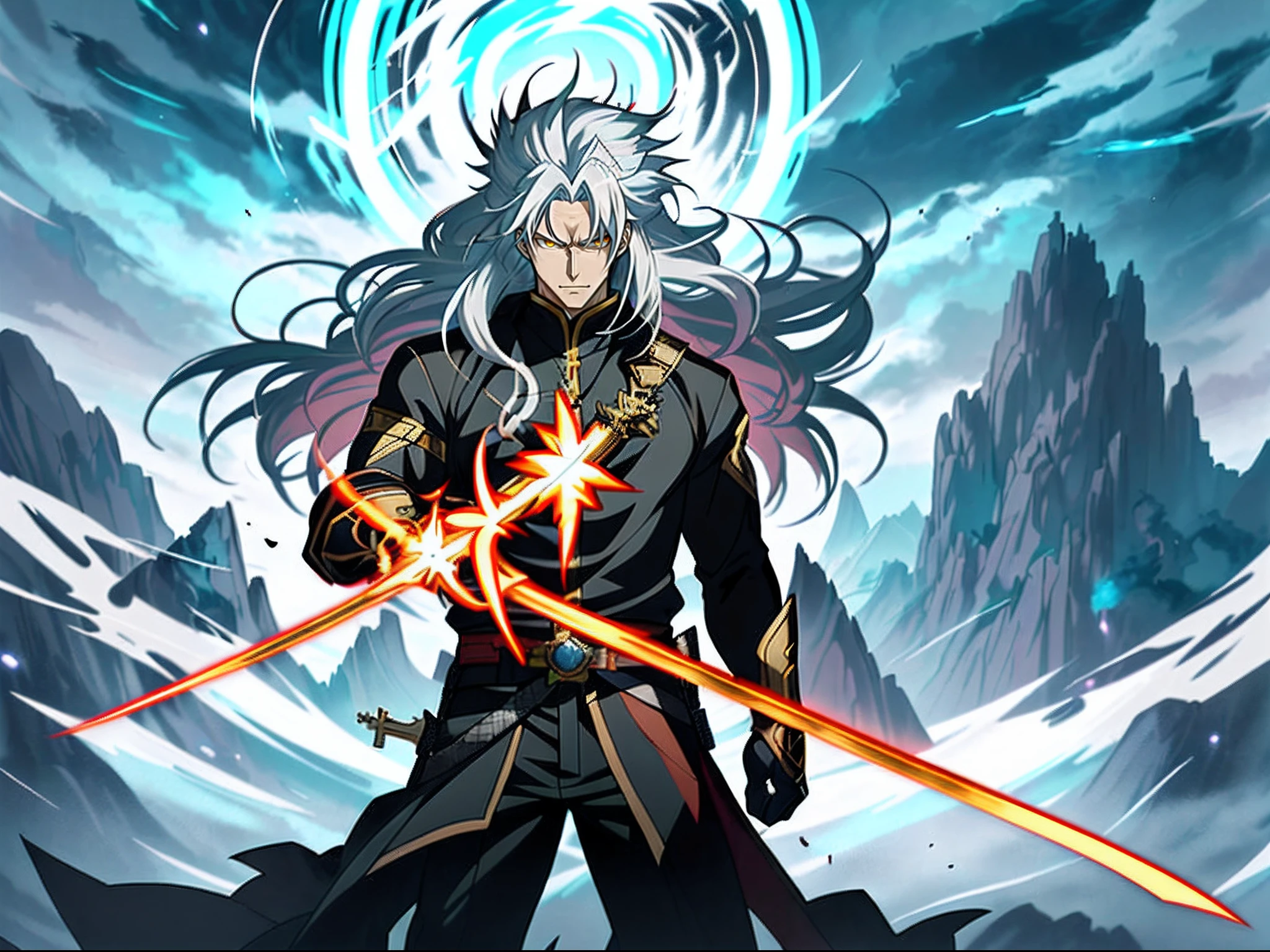 White long-haired anime character, Yellow eyes and sword stand in front of Lightning, Detailed key anime art, White-haired god, Key anime art, detailed anime character art, shadowverse style, handsome guy in demon killer art, full art, rimight, high detailed official artwork, anime artsyle, offcial art, detailed anime art, the former demon king