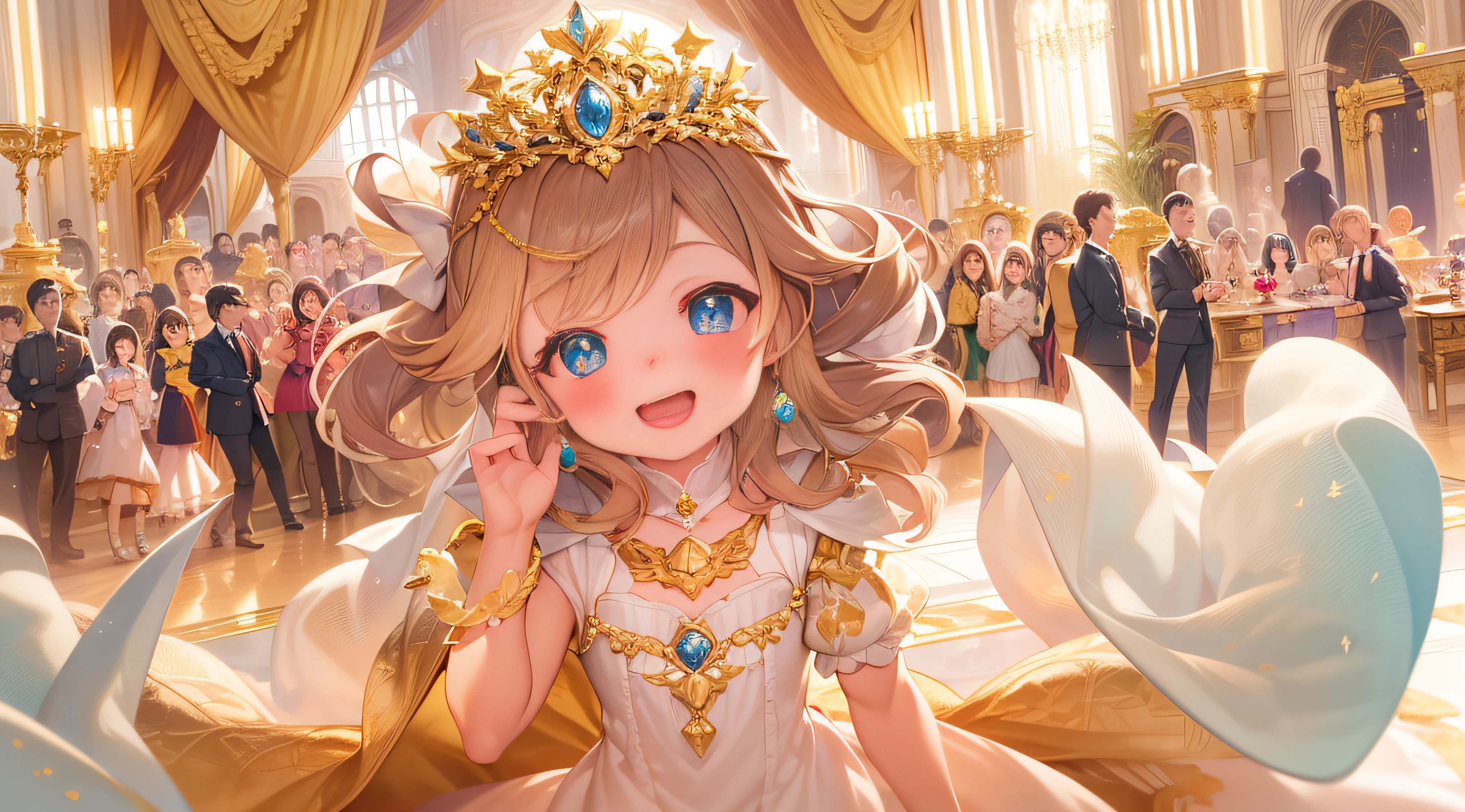Inside the palace during the day, In normal natural light, We got a close-up. We can see the face of the little princess, Who is the treasure of the palace. She has a big smile, And her playful eyes reveal innocence and joy. In her little hands, She held a glittering golden ball. The scene is full of childlike wonder and infinite fantasy, And the happiness of the little princess conveys the joy and happiness within the court.