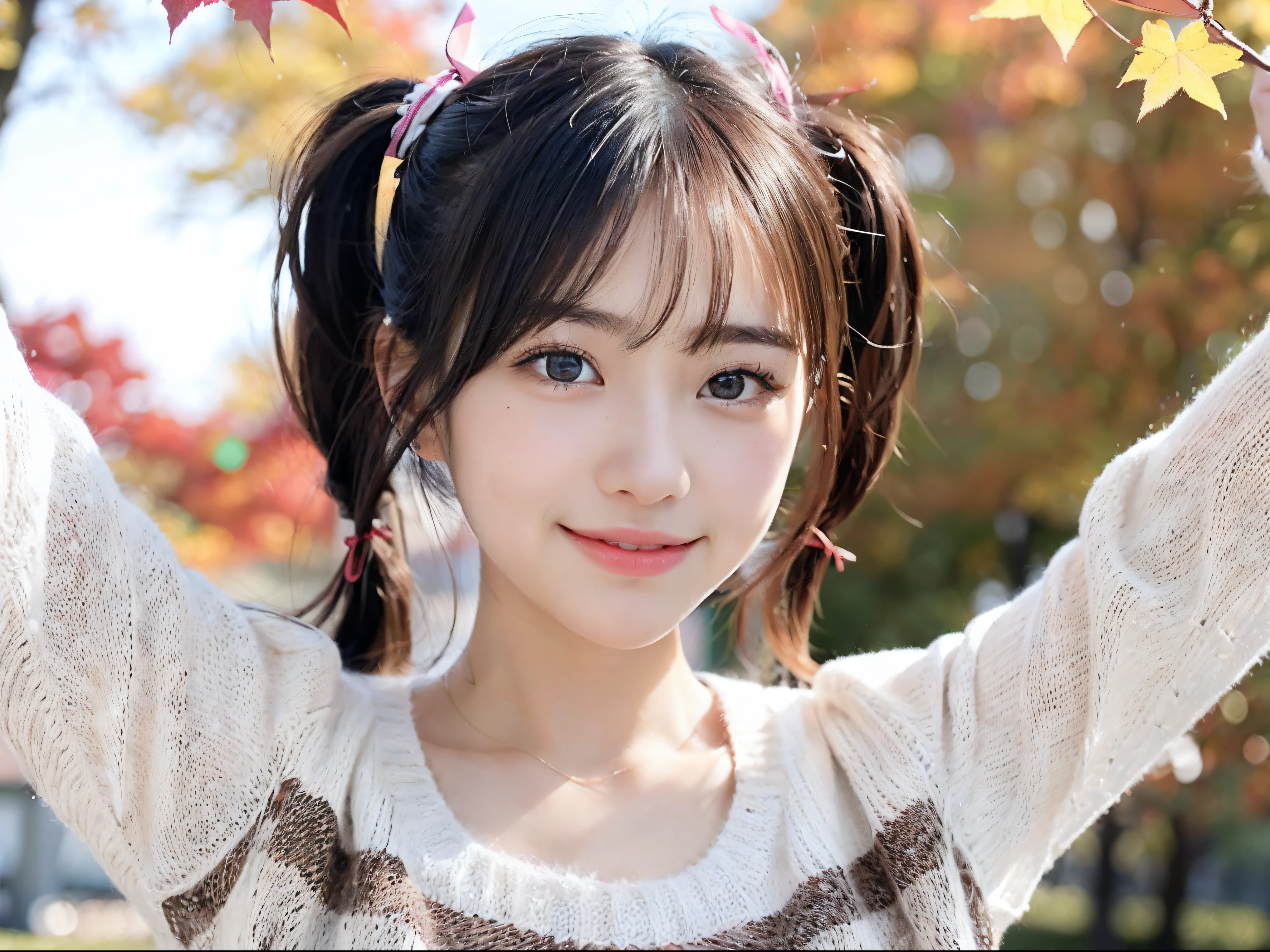 (Close up portrait of one girl with slender small breasts with twin-tailed hair in colorful autumn shirt and sweater:1.5)、(Girl standing on edge of screen smiling with open arms:1.3)、(Beautiful autumn foliage background :1.3)、(Perfect Anatomy:1.3)、(complete hands:1.3)、(complete fingers:1.3)、Photorealsitic、Raw photography、masutepiece、top-quality、hight resolution、delicate and pretty、face perfect、Beautiful detailed eyes、Fair skin、Real Human Skin、pores、((thin legs))、(Dark hair)