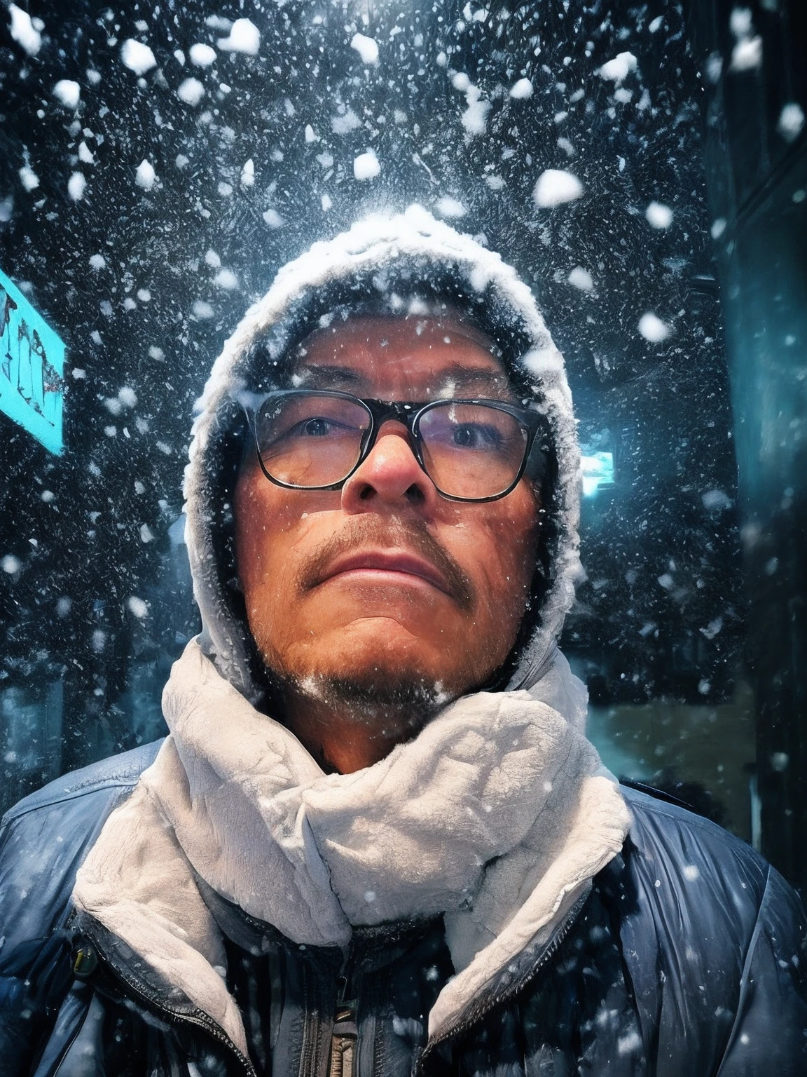 A hyper-realistic scene with a man wearing glasses;, com uma xicara de cafe fumegante na mao, Dress in thick hooded Eskimo clothes. His face is detailed, displaying the effects of extreme cold with an icy appearance. He has his arms crossed and wears thick gloves to protect himself from the cold. The scenery is snowy, Icy city where it's actively snowing. Essa cena hiper-realista, captured in ultra-high definition (8k), depicts the intense cold and hardships faced in this icy Arctic environment.