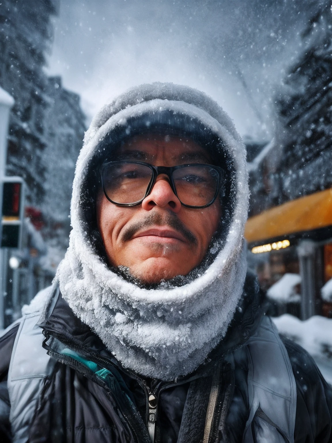 A hyper-realistic scene with a man wearing glasses;, com uma xicara de cafe fumegante na mao, Dress in thick hooded Eskimo clothes. His face is detailed, displaying the effects of extreme cold with an icy appearance. He has his arms crossed and wears thick gloves to protect himself from the cold. The scenery is snowy, Icy city where it's actively snowing. Essa cena hiper-realista, captured in ultra-high definition (8k), depicts the intense cold and hardships faced in this icy Arctic environment.