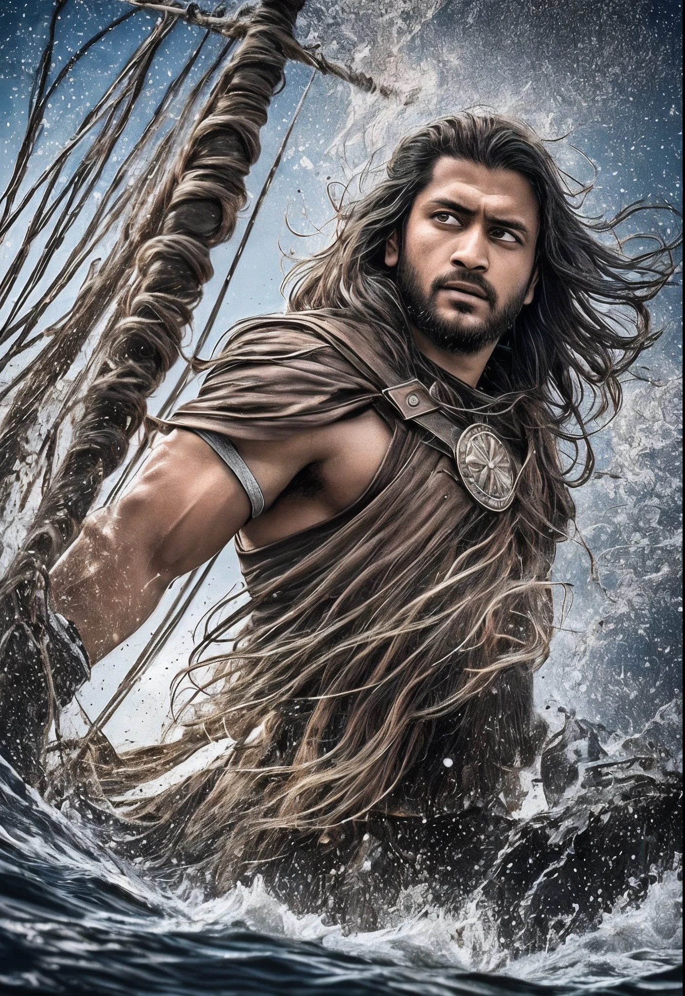 Realistic 16k image of Shakib Al Hasan as Ragnar Lothbrok (with black hair) onboard a viking longship, ((low angle hero shot)), (Upper body closeup), show Shakib as Ragnar navigating treacherous waters, Shakib Al Hasan as Ragnar is navigating his crew, show Shakib Al Hasan commanding the ship crew, this scene will be dark and scary, highlighting Shakib Al Hasan sailing on treacherous waters, dark tones with moonlit seas, dark and intimidating atmosphere like Viking series colour tone, ((sharp focus on portrait)), (balanced composition), high quality and realistic image, cinematic style, ((Best quality, 8k, Masterpiece), rough face, detailed skin, masterpiece, professional photography, (high detail:1 1), natural skin, (detailed face and eyes), (face: 1 2), noise, real photo, film photography, high resolution, 8k, realistic, 8k UHD, SLR camera, high quality, film grain, (Fujifilm X-T20, Fujifilm Fujinon XF 50mm f/2 R WR lens, Lens focal Length 50mm, Shutter speed 1/500 sec, APERTURE: 2, ISO: 80), volumetric lighting, dark background, dark fantasy, highly detailed, sharp focus, shallow depth of field, bokeh, blurry background, high contrast, contrast lighting, (dim colours), exposure blend, (Photo Real V1.5) (dusty:1.3) --auto --s2