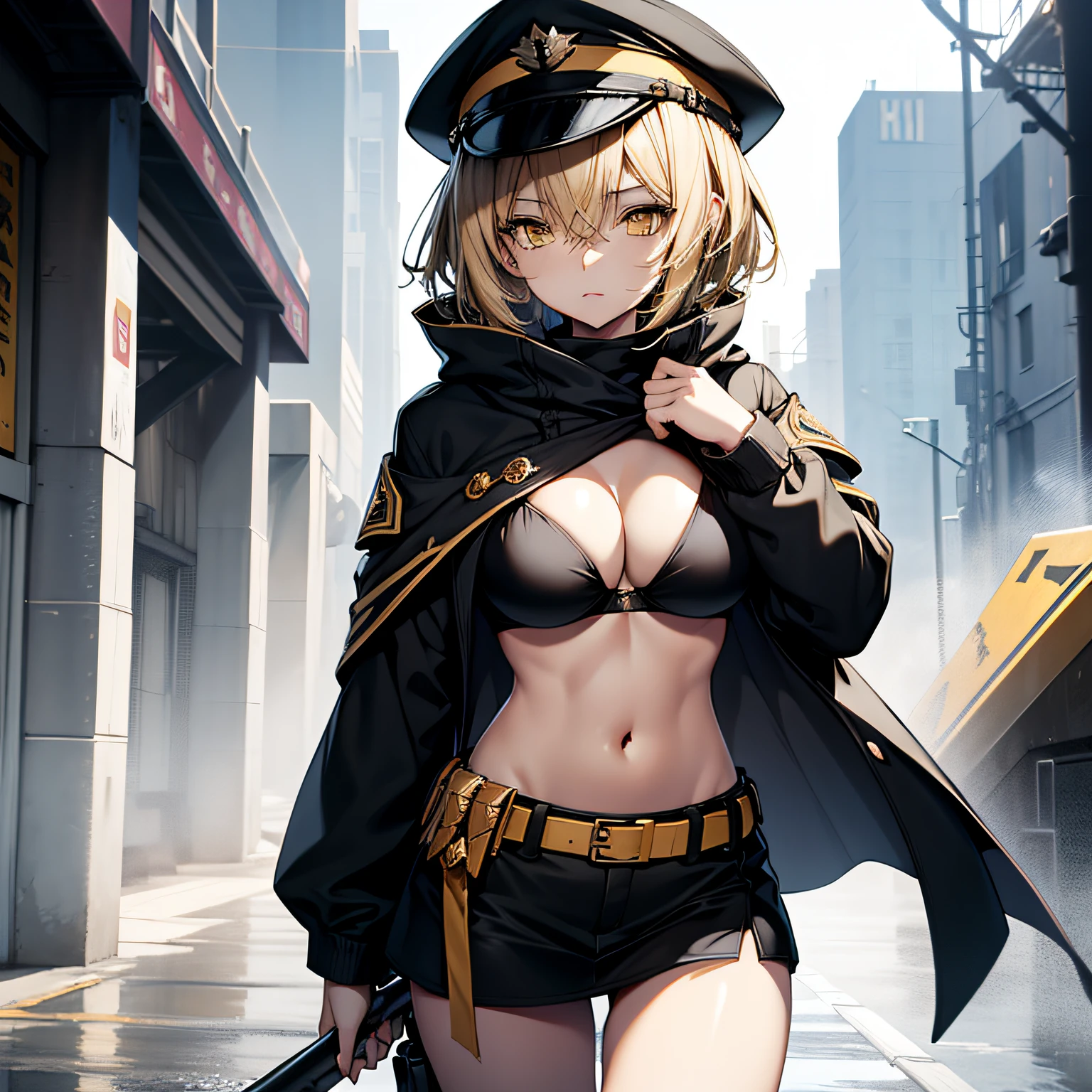 top-quality、extremely delicate and beautiful、femele、Wearing a black cloak。Colossal tits、Black Bikini Bra、Yellow military cap、Thunder properties、a blond、short-haired、Yellow eyes、Navel、Black miniskirt、Belt at waist