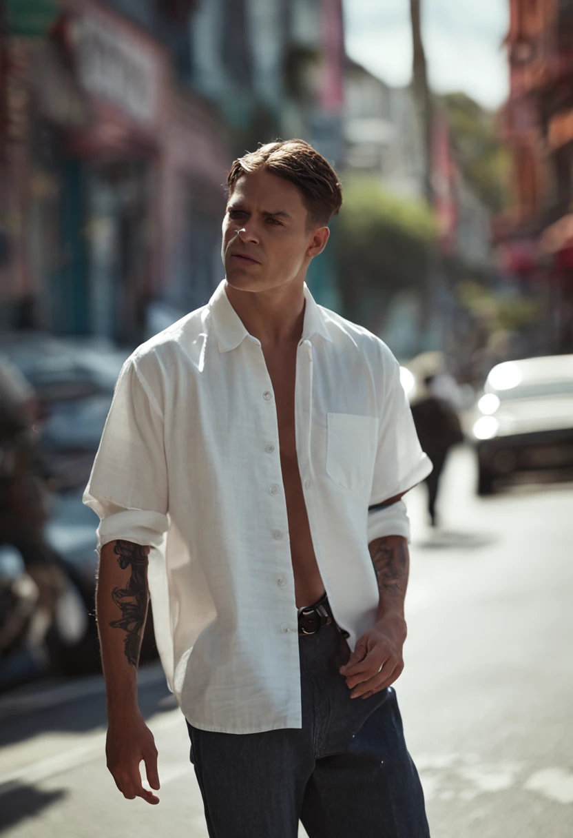 white shirt,denim pant,beachside,schoolboy,Put your hands in your pockets。