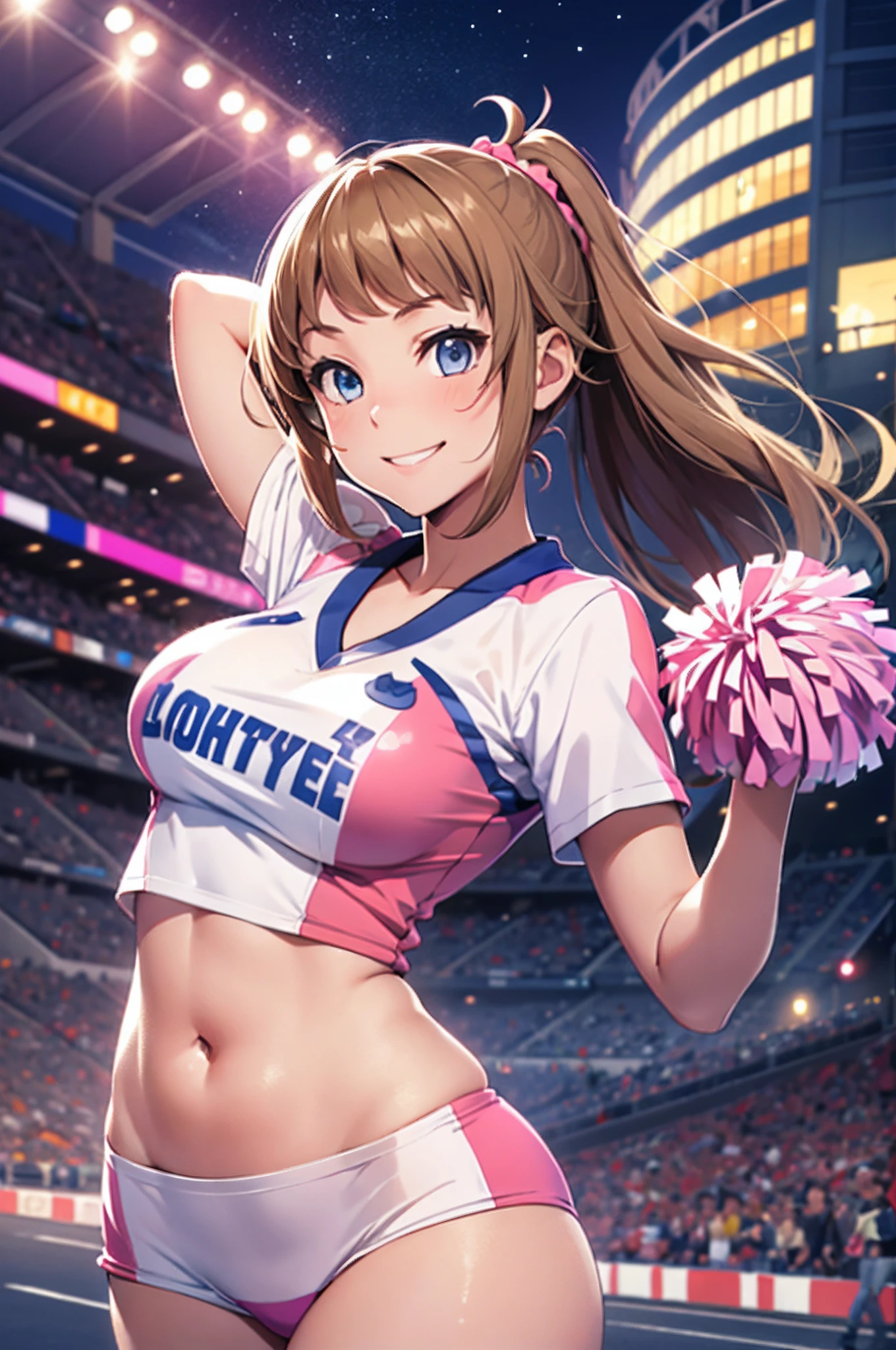 1girl, light brown hair, large breasts, pink cheerleader uniform, belly, smiling, stadium background, night, cowboy shot