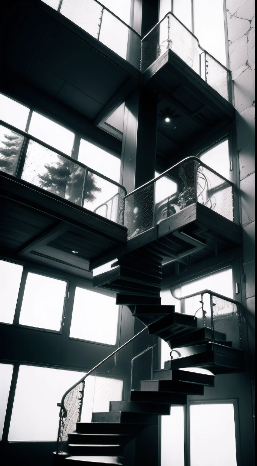 black andwhite, 60s style view of a three-story cube building in a Swiss forest, With a metal spiral staircase leading to the top floor, Surrounded by lush vegetation, Illuminated by cloudy days