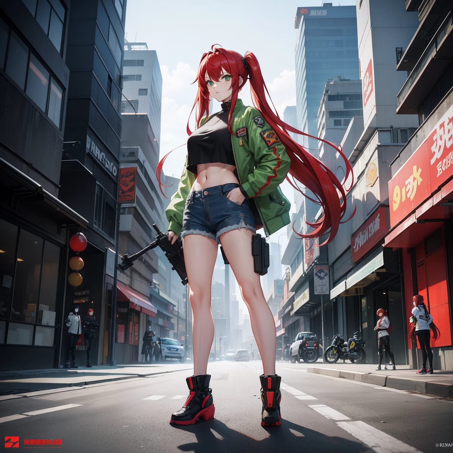 Full body shot, female asian Irina Shidou red hair twintails green eyes, in a cyberpunk city, wearing a bomber jacket and crop top and denim shorts, standing next to a Nissan GT-R, holding a big machine gun, holding a long laser rifle, frontal shot, behind shot, masterpiece, highly detailed