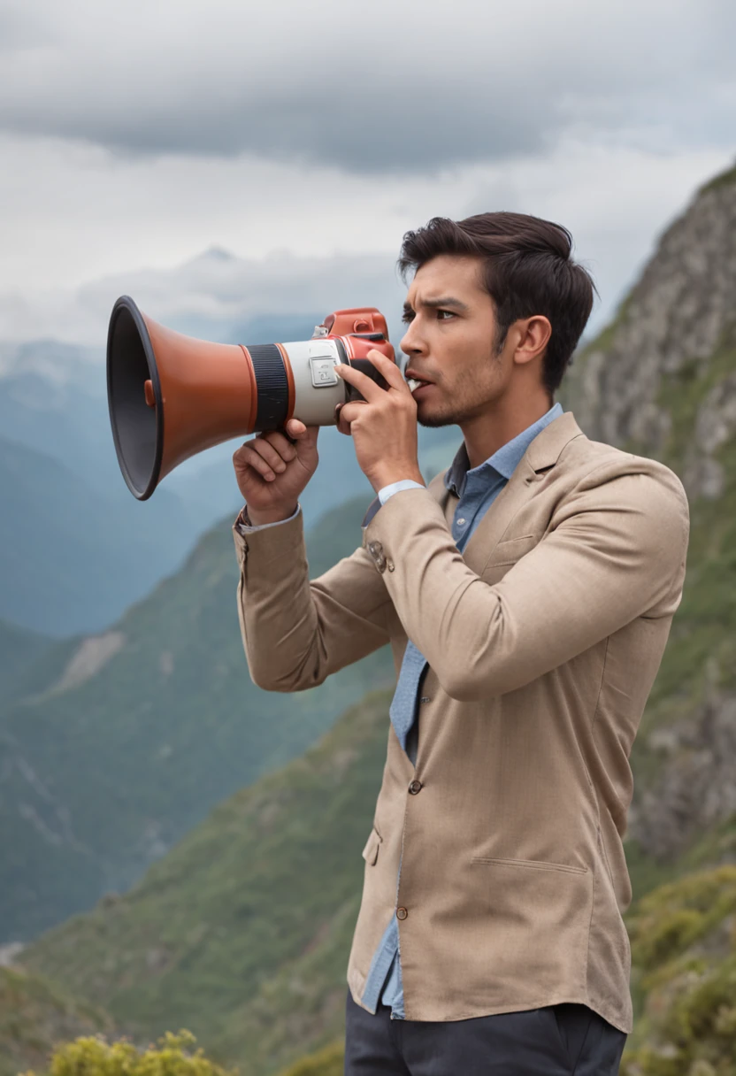 Unmotivated and tired businessman holding a megaphone and standing on a mountain, with Instagram icons popping up around you ultra realistic, rico em detalhes