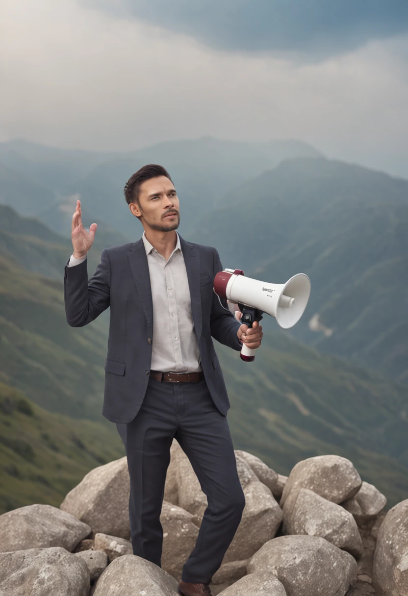 Unmotivated and tired businessman holding a megaphone and standing on a mountain, with Instagram icons popping up around you ultra realistic, rico em detalhes