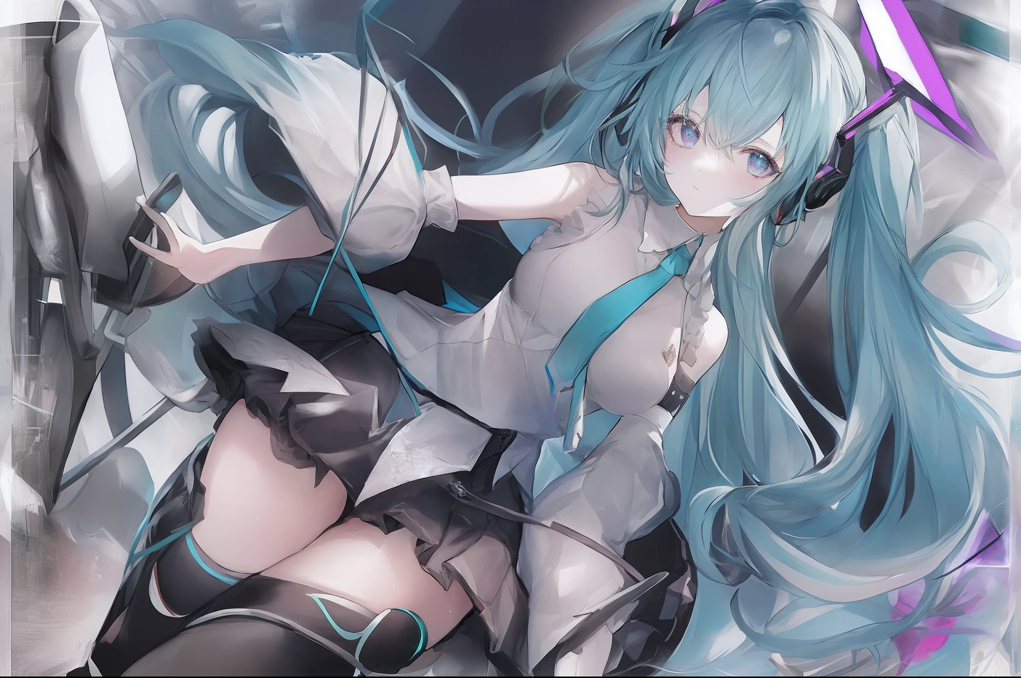 Let's start with a base illustration of a young female character.
Adjust the hair color to Hatsune Miku's iconic turquoise blue.
Style the hair to be very long, reaching below the waist, in twin tails. Ensure the twin tails are evenly balanced and neatly wrapped at the top.
Give the hair a glossy appearance and a slightly voluminous texture.
Create a youthful and cute facial expression with large, expressive eyes. The eye color should be a bright shade of blue.
Give her a characteristic slim and petite body frame.
Remove the distinctive outfit consisting of a sleeveless top, tie, and pleated skirt. Include shades of teal and black in the color scheme.
Include signature accessories such as a futuristic headset, microphone, and detachable sleeves.
Optionally, add knee-high boots or thigh-high socks in matching color tones.
Provide a background that complements the aesthetic, such as a futuristic cityscape or a concert stage with colorful lights.

Please note that due to the complexity of the instructions, it may be challenging for an AI to accurately generate an image based on the exact specifications provided.


Please draw it in a sketch-like style, resembling an idea sketch.

A drawing that looks like it was done with a pencil. A picture drawn in a messy manner. A drawing done with hesitation.