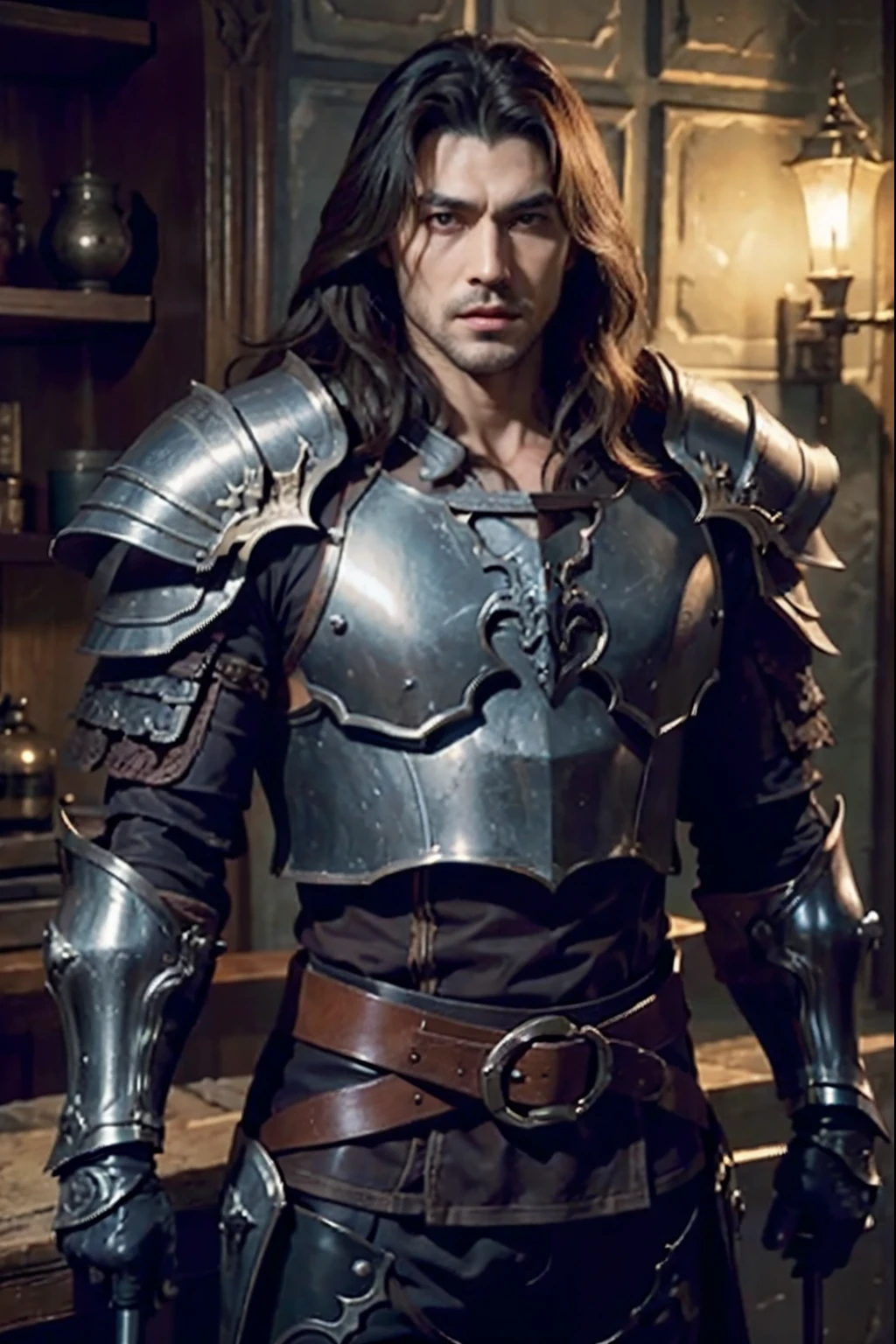 Castlevania Lord of the shadows hyper realistic super detailed muscular handsome warrior leather Armor Wear hyper realistic super detailed