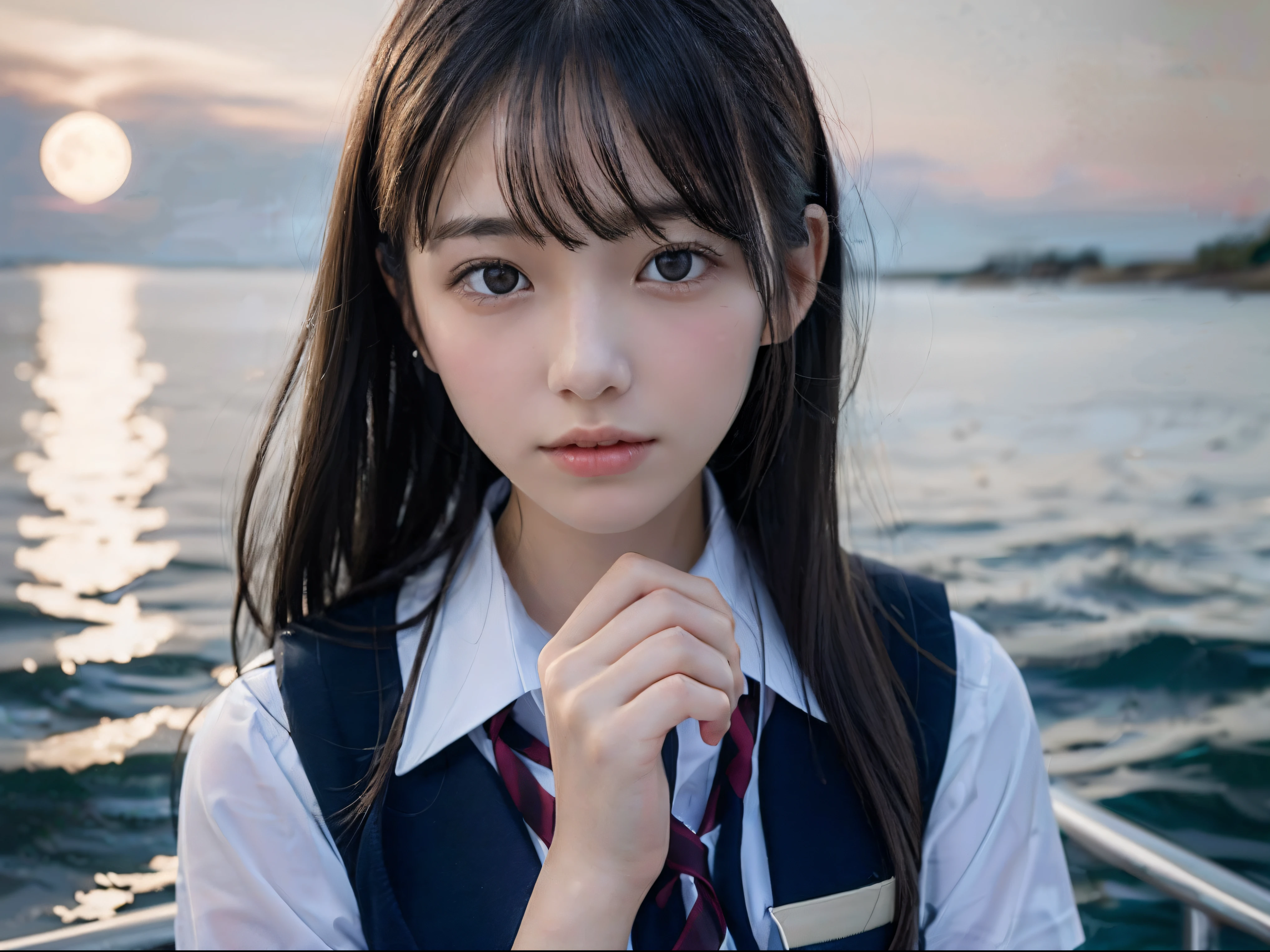 (Close up portrait of one girl with slender small breasts in school uniform:1.5)、(Behind the Girl Looking Up at the Big Full Moon 1.3)、(Large full moon reflected in the sea at night :1.3)、(Perfect Anatomy:1.3)、(complete hands:1.3)、(complete fingers:1.3)、Photorealsitic、Raw photography、masutepiece、top-quality、hight resolution、delicate and pretty、face perfect、Beautiful detailed eyes、Fair skin、Real Human Skin、pores、((thin legs))、(Dark hair)