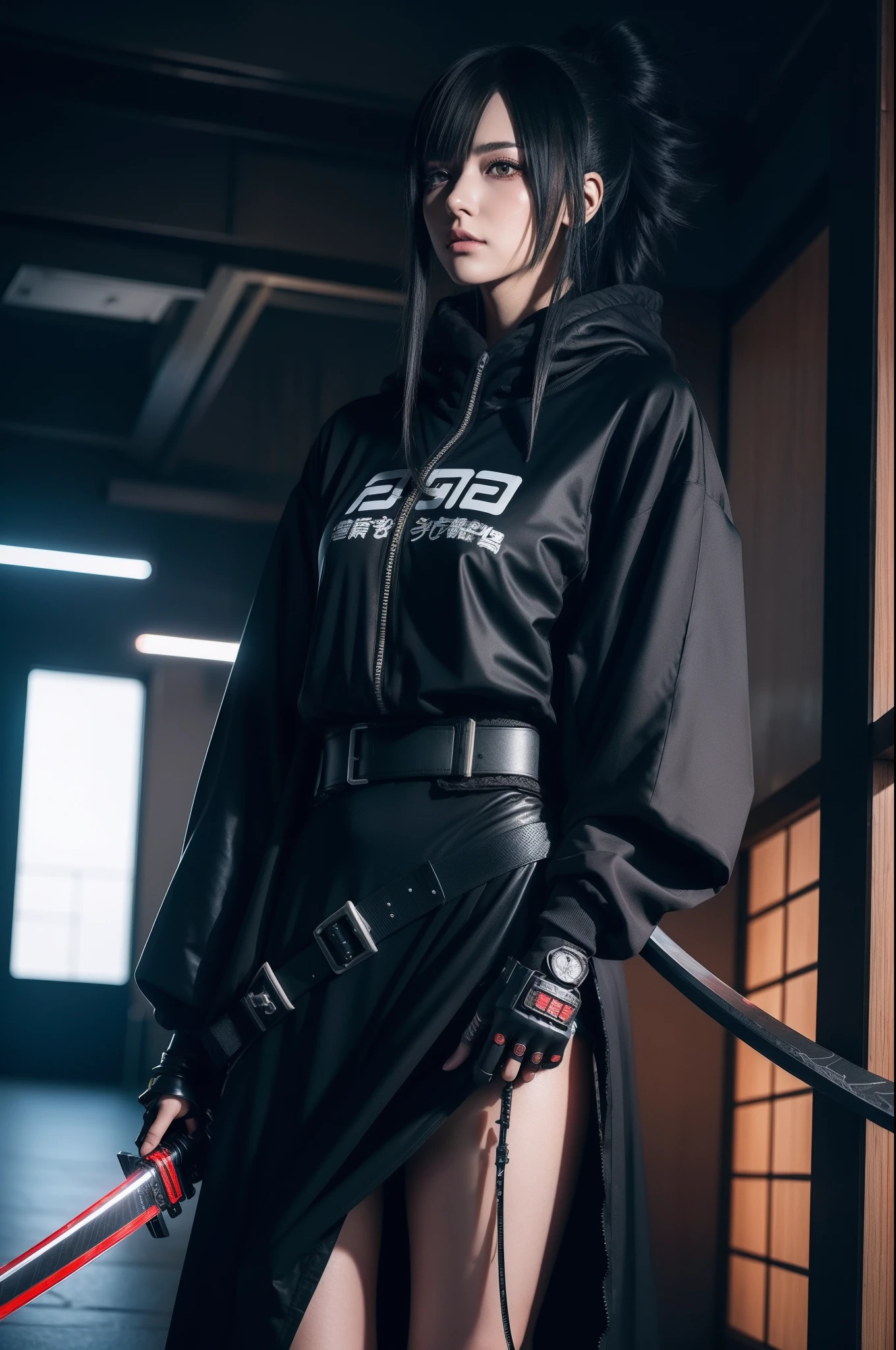 anime girl in a black outfit with a sword in her hand, very beautiful cyberpunk samurai, digital cyberpunk anime art, anime cyberpunk art, cyberpunk anime girl mech, cyberpunk anime girl, cyberpunk anime art, female cyberpunk anime girl, cyberpunk geisha, digital cyberpunk - anime art, cyberpunk samurai, anime style 4 k, badass anime 8 k, cyberpunk anime girl in hoodie