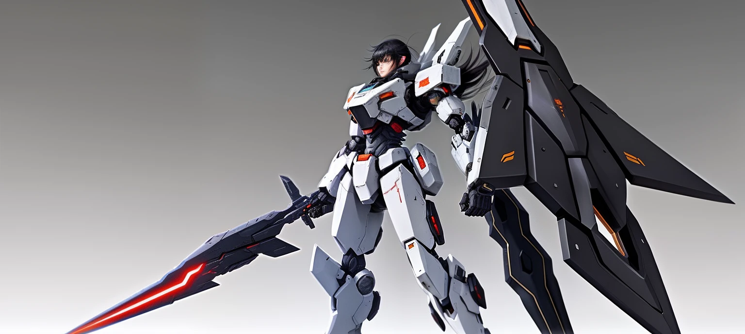 Black-haired mech girl,Inspired by the J-20 fighter,Mecha are mainly gray seductive anime shoujos, Anime figure; Full-body art, A young girl with fair skin,Without losing the firmness of the warrior,In his left hand he holds a black metal spear 130 cm long,Holds a black tech shield in his right hand,Take a serious stance