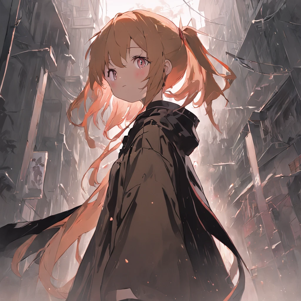 tan hair、Double ponytailed girl in black cape，Standing on a bloody street，Shady style，城市，terroral，cold shades，Perspective painting，Big perspective，Dark and terrifying，Black and white anime art style，A high resolution，high qulity，wide wide shot，Look up at the perspective