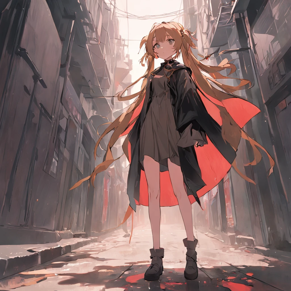 tan hair、Double ponytailed girl in black cape,Standing on a bloody street,Shady style,城市,terroral,cold shades,Perspective painting,Big perspective,Dark and terrifying,Black and white anime art style,A high resolution,high qulity,wide wide shot,Look up at the perspective