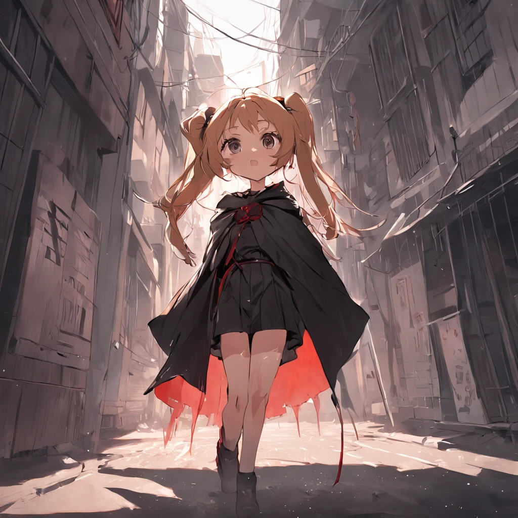 tan hair、Double ponytailed girl in black cape,Standing on a bloody street,Shady style,城市,terroral,cold shades,Perspective painting,Big perspective,Dark and terrifying,Black and white anime art style,A high resolution,high qulity,wide wide shot,Look up at the perspective