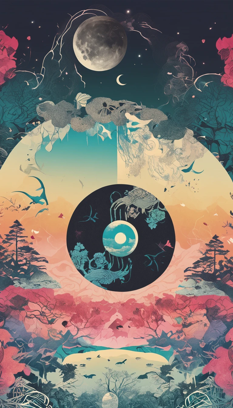 ((drak))、Yin & A symbol of youthful perfection, The two parts are combined into one, Doubleexposure, Yin & Yang was split in half vertically, On the left side of the paper is the day of the week, , To the right of the paper is night, Creepy, Complex Asian landscape, Best quality, glimmering, craola, author：dan munford, Andy Keeho, 2D, Vintage, Cracked paper art, fairytale-like, Detailed illustration of the storybook, Cinematic, hyper HD, detaile, Beautiful details, mistic, Luminism, ((Mono Color)), the complex background, Frame book, text, typo,tiling, lots of sakura flowers