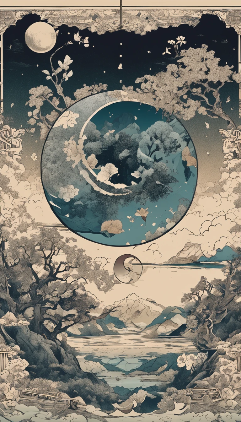 ((drak))、Yin & A symbol of youthful perfection, The two parts are combined into one, Doubleexposure, Yin & Yang was split in half vertically, On the left side of the paper is the day of the week, , To the right of the paper is night, Creepy, Complex Asian landscape, Best quality, glimmering, craola, author:dan munford, Andy Keeho, 2D, Vintage, Cracked paper art, fairytale-like, Detailed illustration of the storybook, Cinematic, hyper HD, detaile, Beautiful details, mistic, Luminism, ((Mono Color)), the complex background, Frame book, text, typo,tiling, lots of sakura flowers