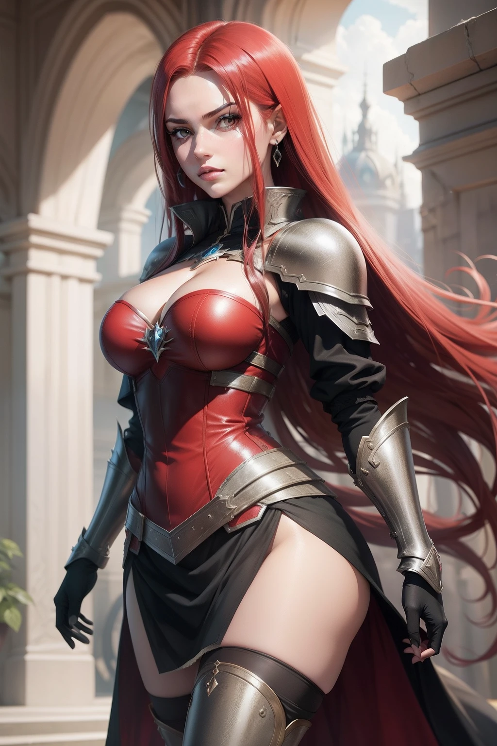 Erza Scarlet is one of the main characters in the series. The young woman with scarlet hair and brown eyes is described as an incredible woman, very strict and who does not admit when others make mistakes. She is a slender, elegant figure with well-designed curves. Her most common attire consists of custom-made armor, a blue skirt, black boots and diamond-shaped earrings, in high resolution, detailed, HD quality.