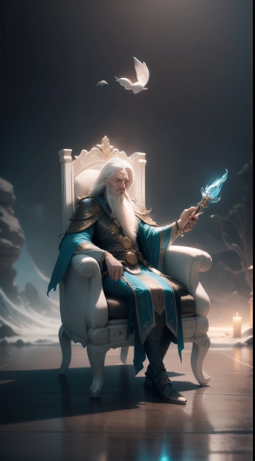 King of Water, He has long white hair and a white beard, Holds a short scepter in his left hand，Holding a decorative cup in his right hand, sat in his throne, Set at sea. Dolphins jump behind. trending on artstationh. fantasy, magical, mistic, See the immortals, Ethereal, Sublime atmosphere, Dreamlike, insanely detailed and intricate, Matte painting, Dramatic lighting, 70mm lense, Detail Love, Good quality, rendering by octane, Unreal Engine 5, Photorealistic, epic look at your scene, Biblical Cinematic Universe.Tilt Blur, shutter speed.