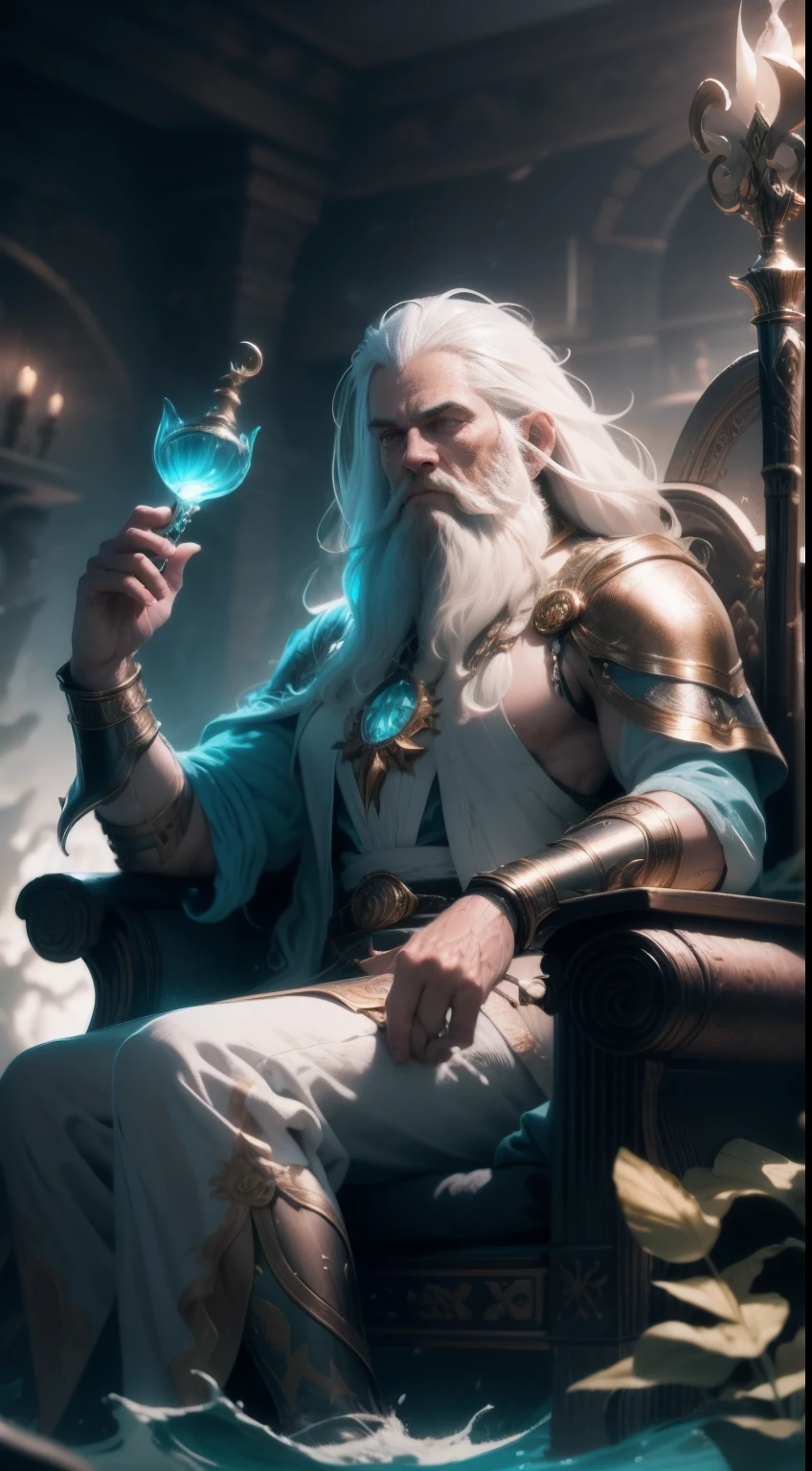 King of Water, He has long white hair and a white beard, Holds a short scepter in his left hand，Holding a decorative cup in his right hand, sat in his throne, Set at sea. Dolphins jump behind. trending on artstationh. fantasy, magical, mistic, See the immortals, Ethereal, Sublime atmosphere, Dreamlike, insanely detailed and intricate, Matte painting, Dramatic lighting, 70mm lense, Detail Love, Good quality, rendering by octane, Unreal Engine 5, Photorealistic, epic look at your scene, Biblical Cinematic Universe.Tilt Blur, shutter speed.