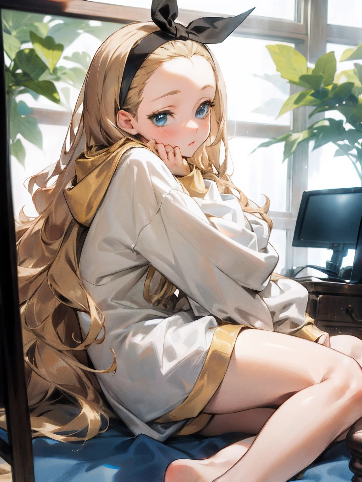 (masterpiece, sidelighting, finely detailed beautiful eyes: 1.2), masterpiece*portrait, realistic, 3d face, lustrous skin,looking to the side,from side, 1girl,solo, arms,blonde hair, long hair, hood, blue eyes, barefoot, hoodie, hairband, ribbon, white hoodie,looking at viewer, monitor, blush,lying,