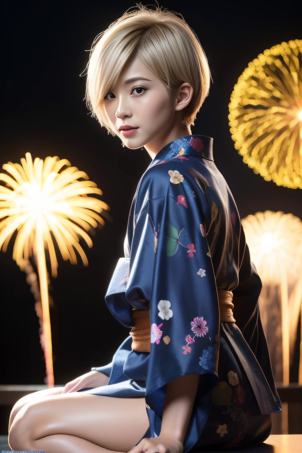 8k, best quality, ultra high res, (photo realistic:1.4), (Japanese famous actress:1.2), very beautiful, kawaii, professional photograph, an extremely delicate and beautiful, extremely detailed, extremely detailed beautiful girl, extremely detailed face, extremely detailed eyes, extremely detailed skin, extremely detailed fingers, extremely detailed nose, extremely detailed mouth, perfect anatomy, realistic body, fair skin, shiny skin, slender body, good figure, looking at viewer, (blond hair:1.2), (very short hair:1.2), (tanned skin:1.4), black gal, dynamic lighting, action, (yukata, fireworks, backlighting), laugh, sitting, barefoot,
