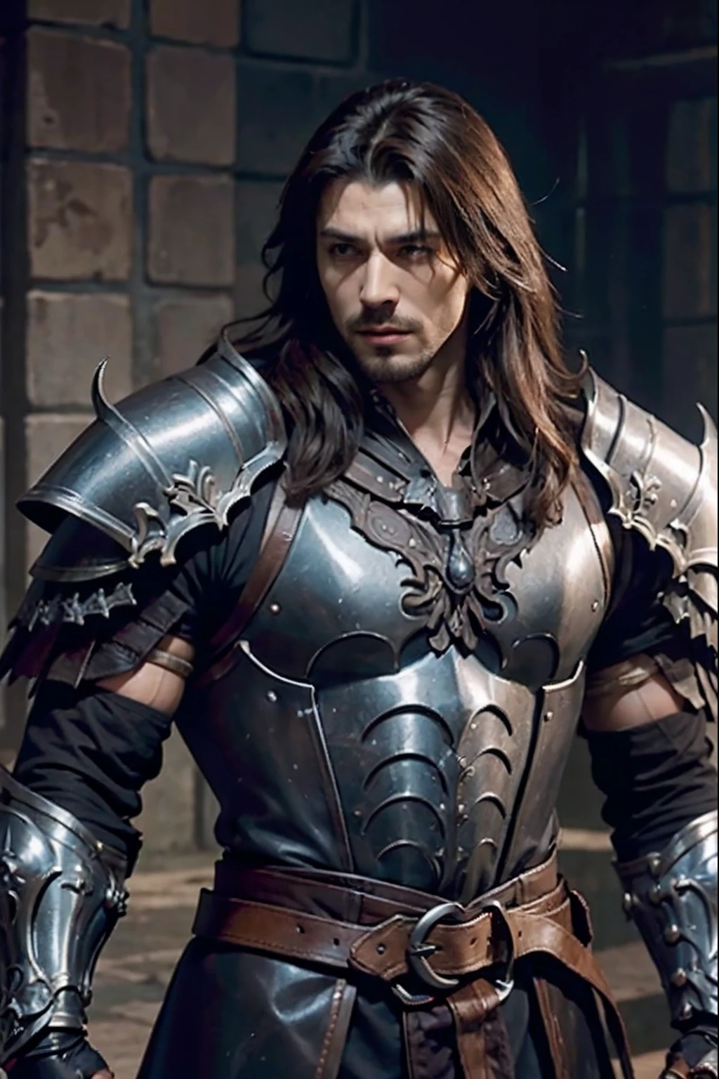 Castlevania Lord of the shadows hyper realistic super detailed muscular handsome warrior leather Armor Wear hyper realistic super detailed