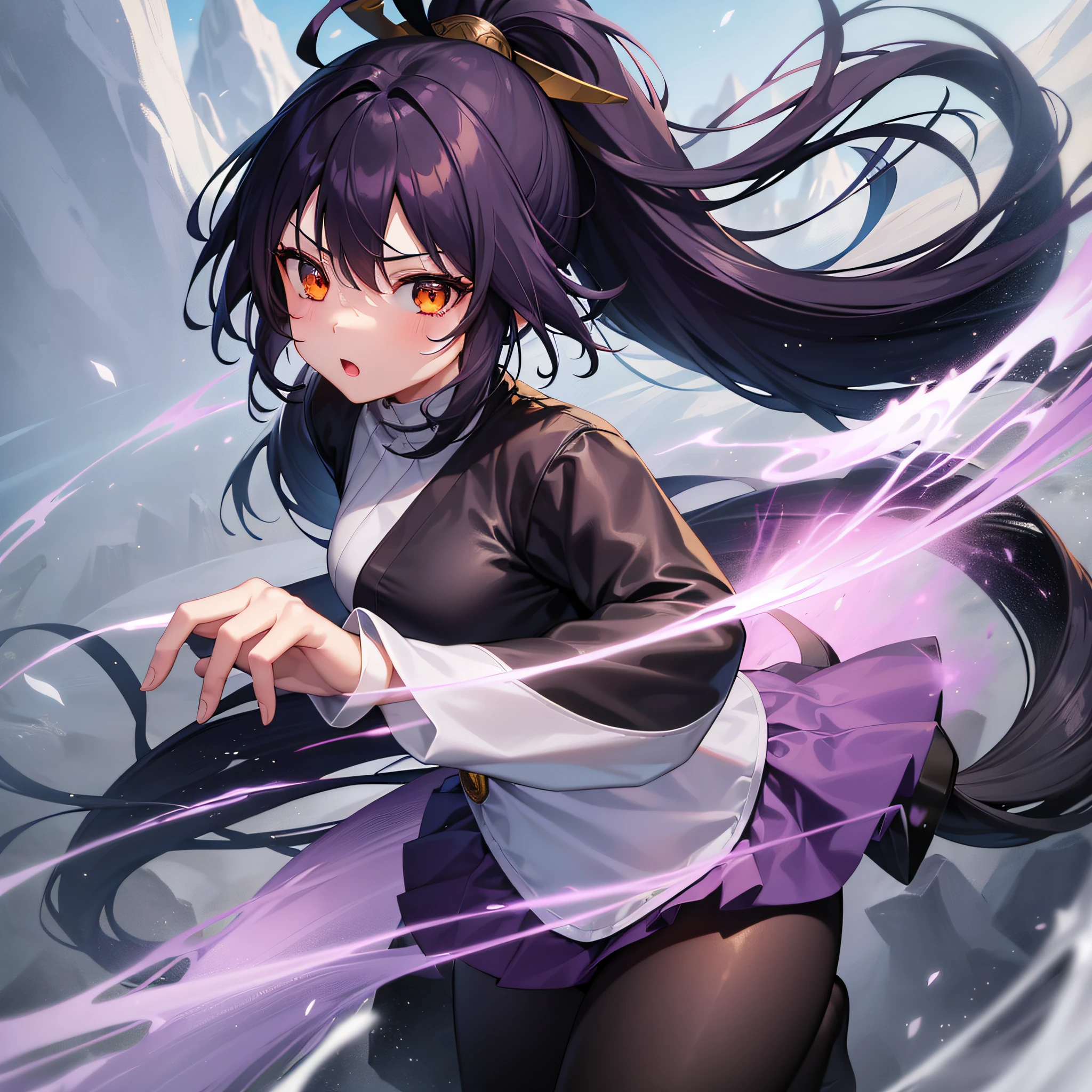young 1girl, solo, sakifuwa, glazed eyes, very long hair, ponytail, orange eyes, black hair, ahoge, black tights, white samurai suit, long leggings, purple strain of hair, very purple long skirt, holding dual sword, frost effects, frost blue, frost pillars, at mountain