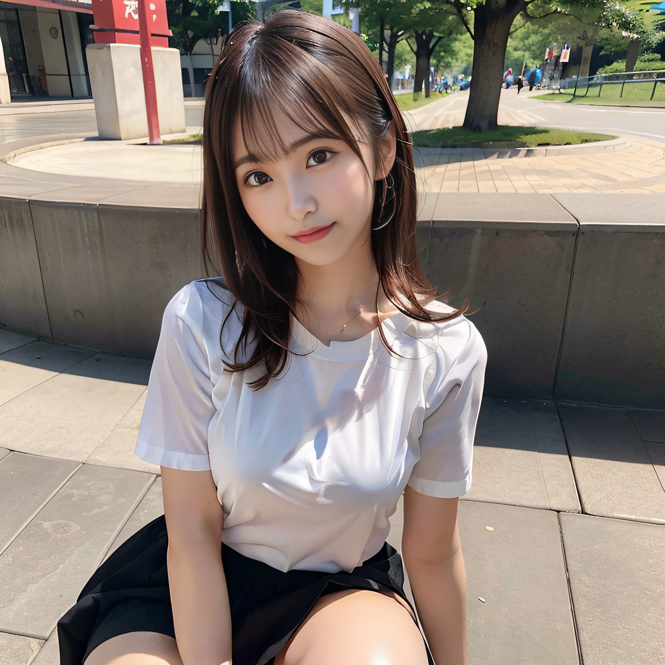 in 8K,Best Quality:1.4, 超A high resolution:1.5, (Photorealistic:1.4),masterpiece:1.2,(top-quality:1.4)、 Raw photo、 (From the knee up:1.6), (the background is blurred), a park,FULL BODYSHOT:1.4、 1日本人の女の子, Cute, (Solo), (Shy smile), Smooth skin、TThe shirt、Cute checked mini skirt、 (Brown medium hair,Bangs), (touch hair:1.4)、nogizaka、35 year old:1.2、Beautiful black eyes、natural skin textures:1.3, realistic eyes and face details:1.7、middlebreasts、Gravure Pose:1.1、Toned buttocks、gazing at viewer、The camera is3Move m backward:1.3、FULL BODYSHOT、Do not show your fingers