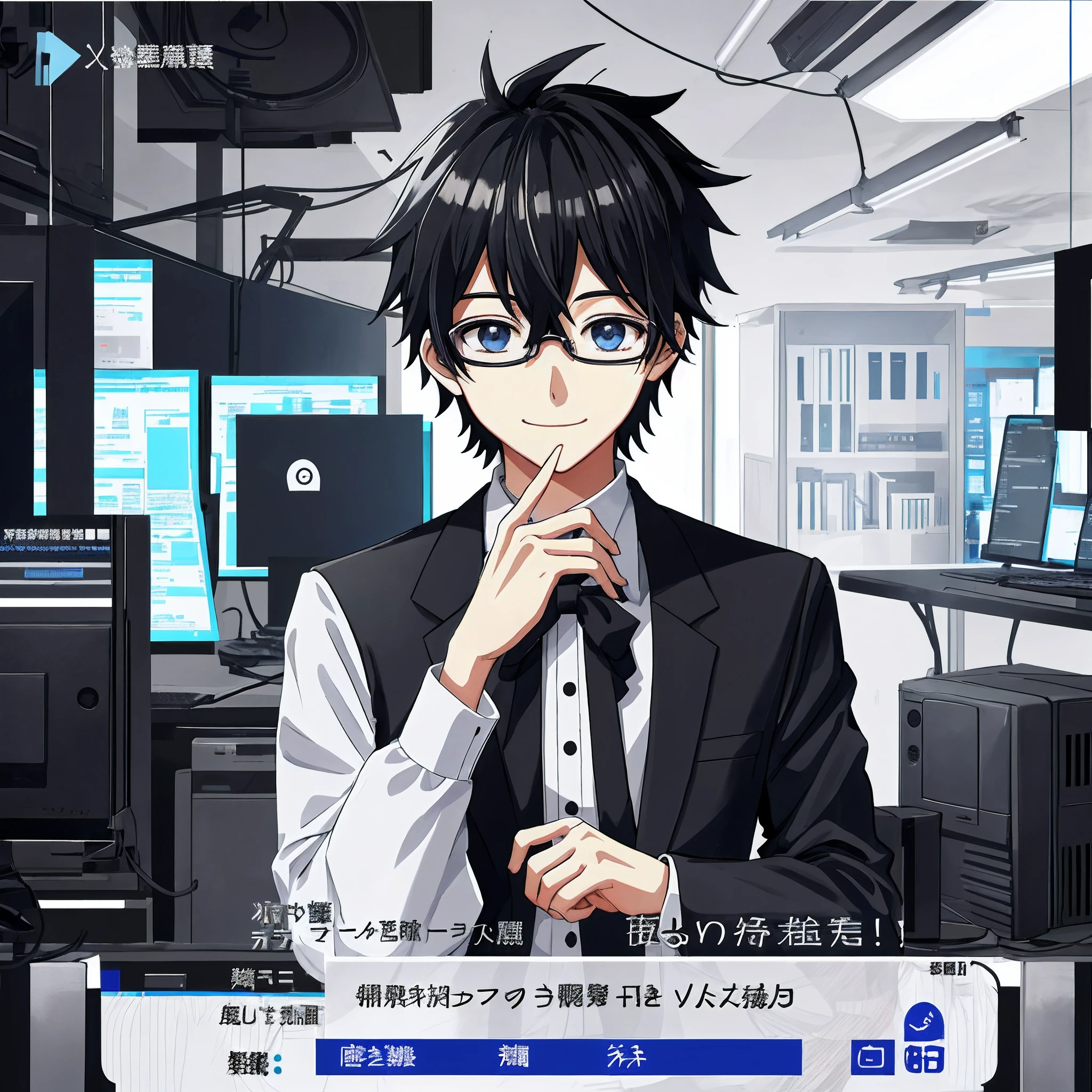 animesque、One Boy, eye glasses、Black hair、Business suits、Note PC、A smile、I have a computer、Face up、The background is all white、Icon image
