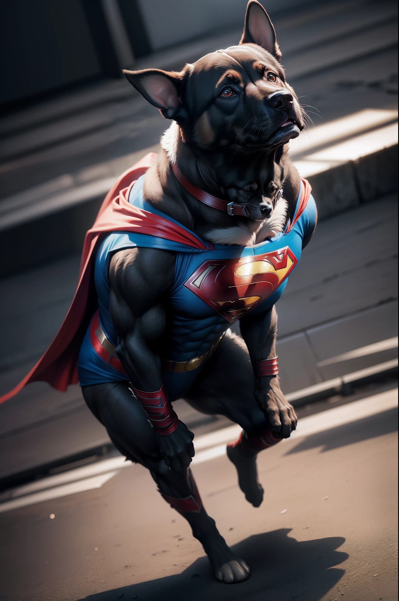 A Dramatic a dog wearing superman suit, cinematic, extreem realistic, extreem detailed, extreem Sharp, full body shot