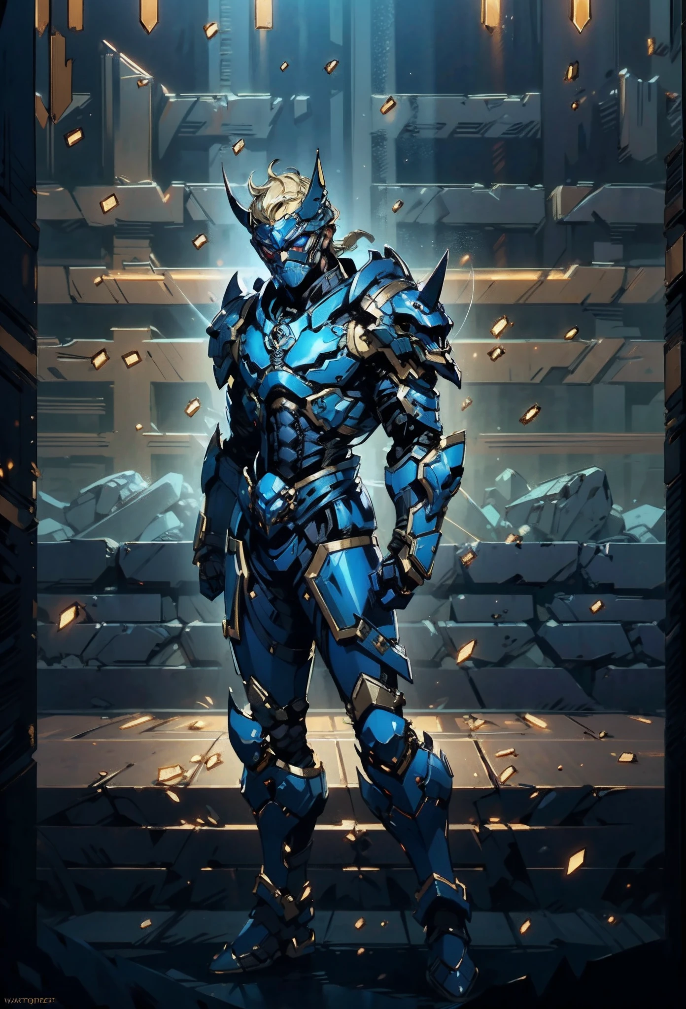 A man with short blond hair, wearing a mask designed like a beetle, a base undershirt primarily white with golden stripes, topped with a chest plate in indigo blue designed to resemble insects, his arms and legs are similarly armored, this character embodies a finely crafted fantasy-style masked light armor warrior design in anime, characterized by a sophisticated and mature manga art style, ((character concept art)), full body character drawing, high definition, best quality, ultra-detailed, extremely delicate, anatomically correct, symmetrical face, extremely detailed eyes and face, high quality eyes, creativity, RAW photo, UHD, 16k, (Natural light, cinematic lighting, masterpiece:1.5)