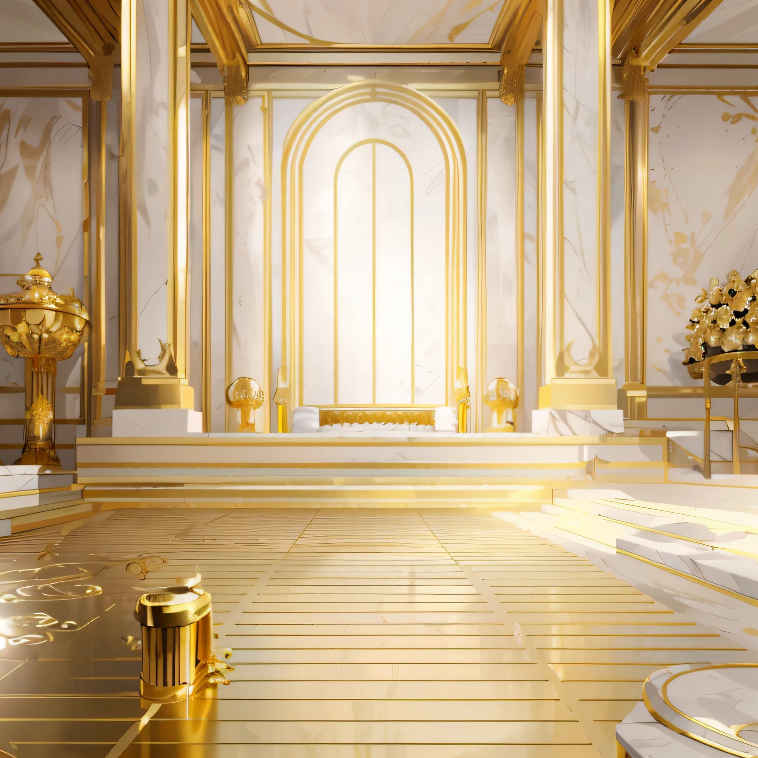 On the floor of the room was a gold vase, exquisitely designed throne room, gold and luxury materials, baroque marble and gold in space, Throne Room, gold throne, Golden throne, white and gold color scheme, Solid gold pillars, decadent throne room, gilded with gold, background of a golden ballroom, luxurious environment, white marble and gold