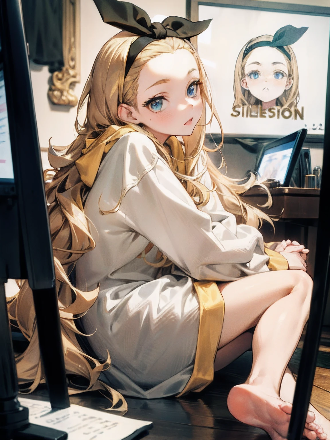 a beautiful smiling girl streamer with headphones, delicate and elegant facial features, shiny hair, wearing a casual outfit, sitting in a cozy home studio setting, (best quality,8k,highres,masterpiece:1.2),ultra-detailed,(realistic,photorealistic,photo-realistic:1.37),soft warm lighting,vibrant colors,detailed texture,intricate background,professional lighting and post-processing